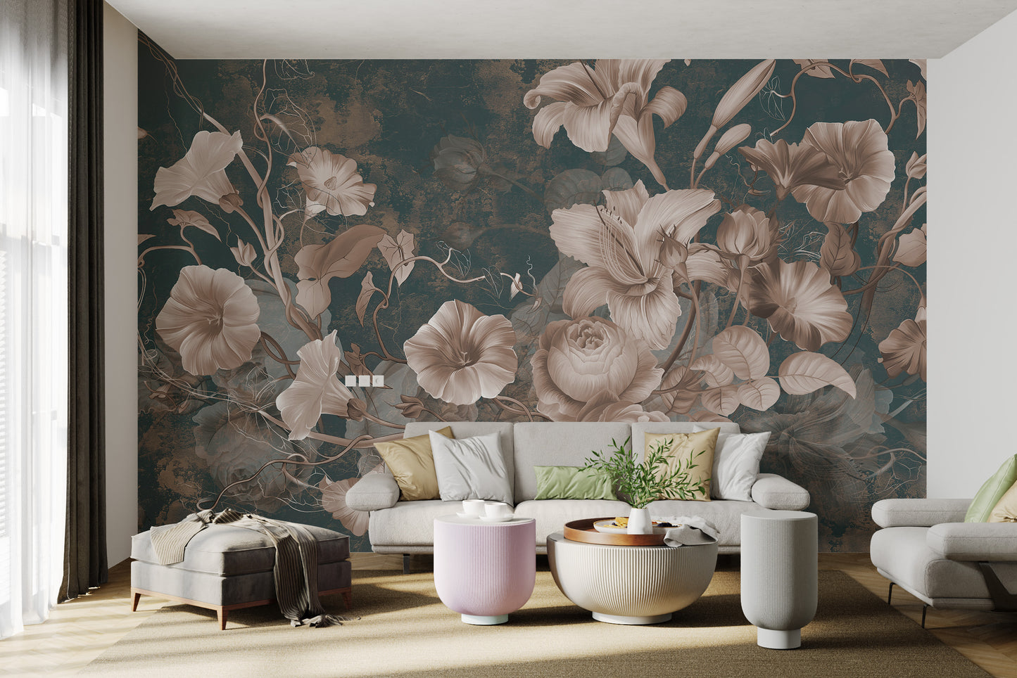 Luxury botanical wall mural in earthy tones
