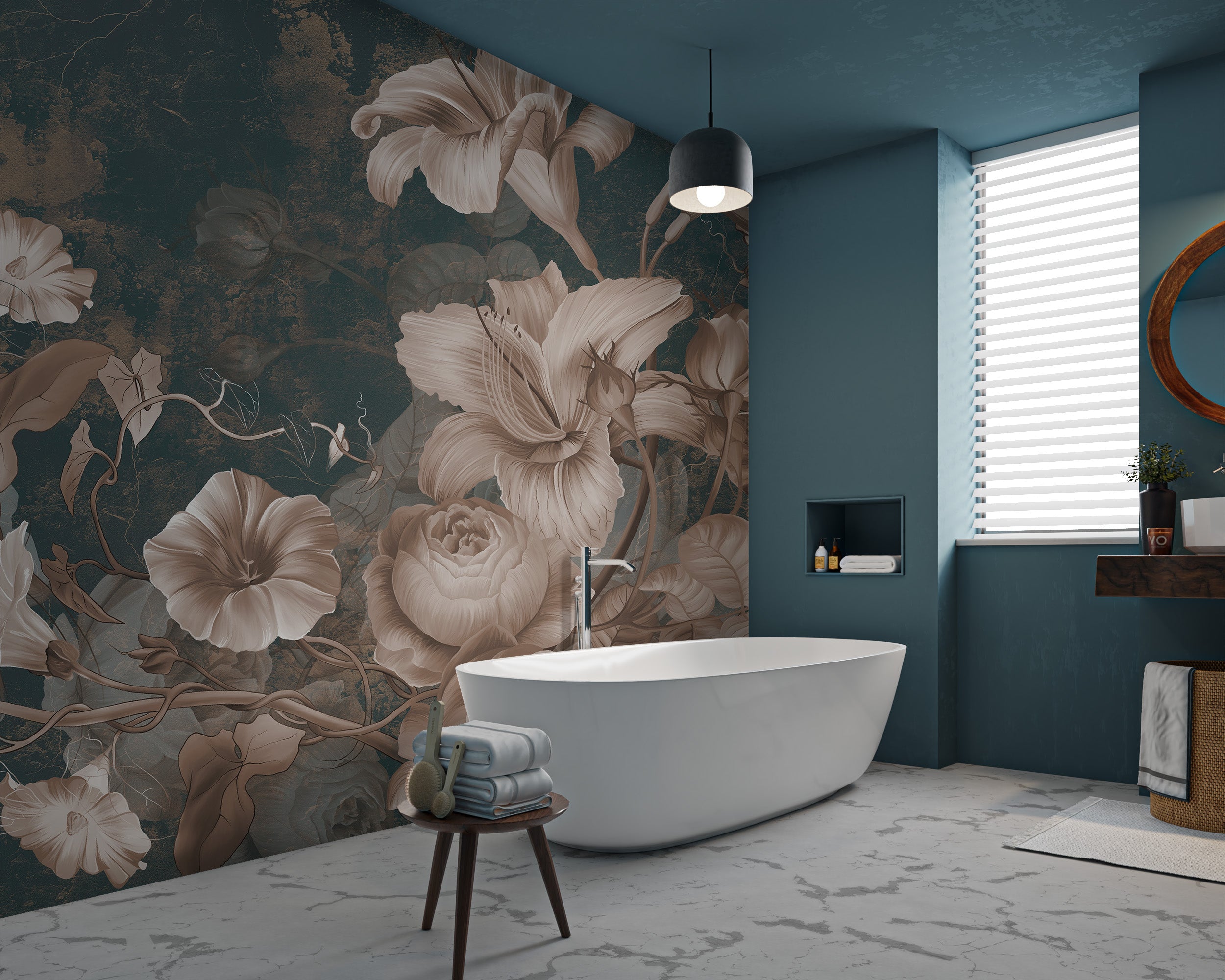 Dark botanical mural with vintage floral elegance
