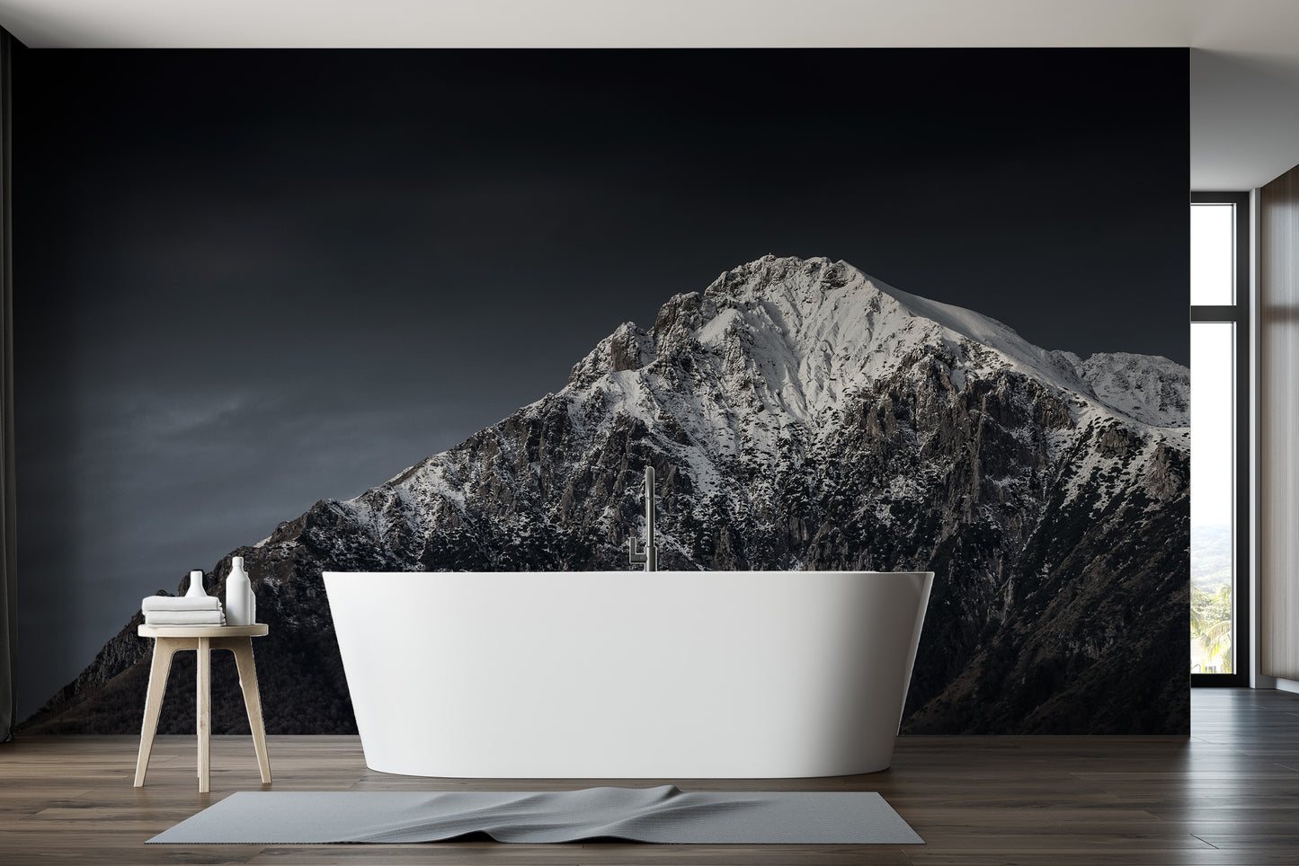 Snow-capped mountain mural with a scenic background
