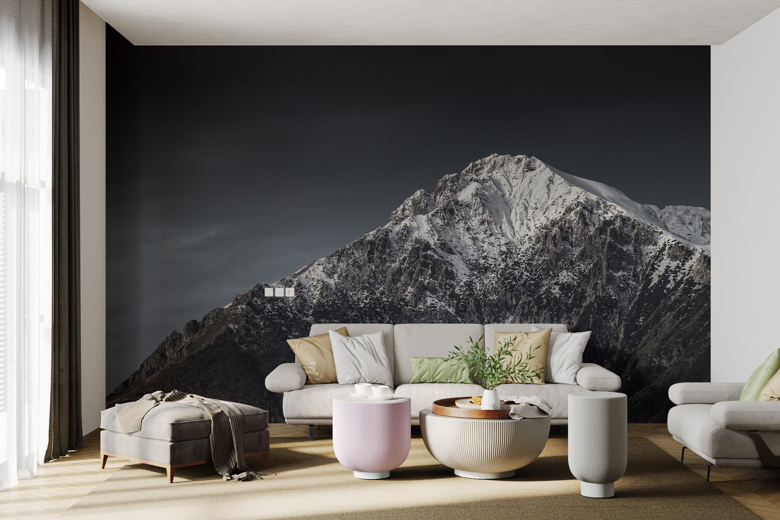 Moody snow-capped mountain mural for bold interiors
