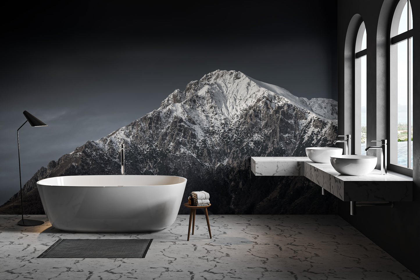 Dark moody mountain mural for modern wall decor
