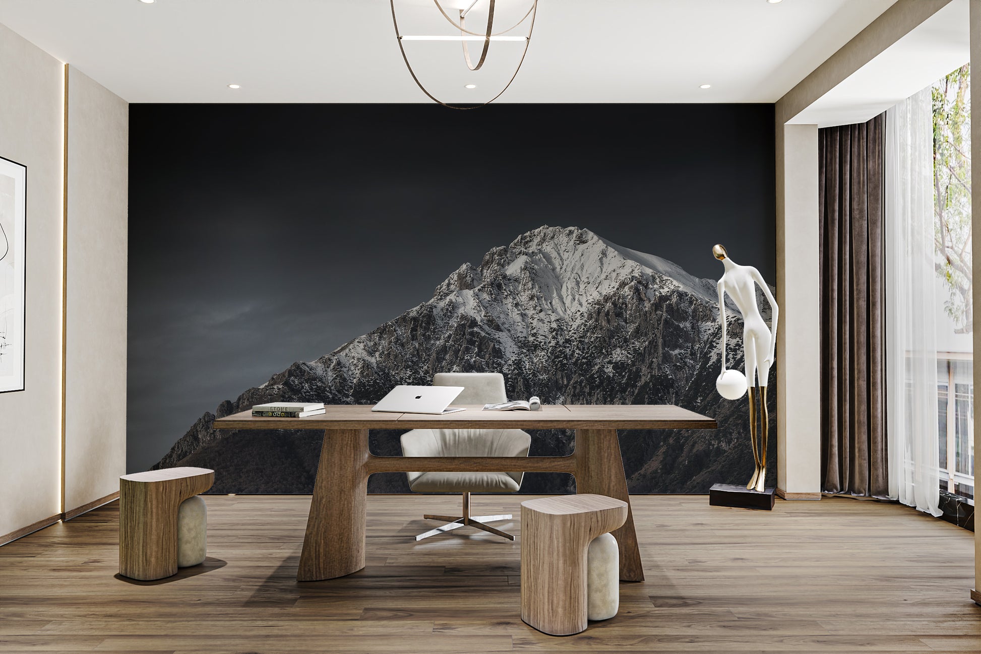 Moody nature wallpaper featuring towering mountain peaks
