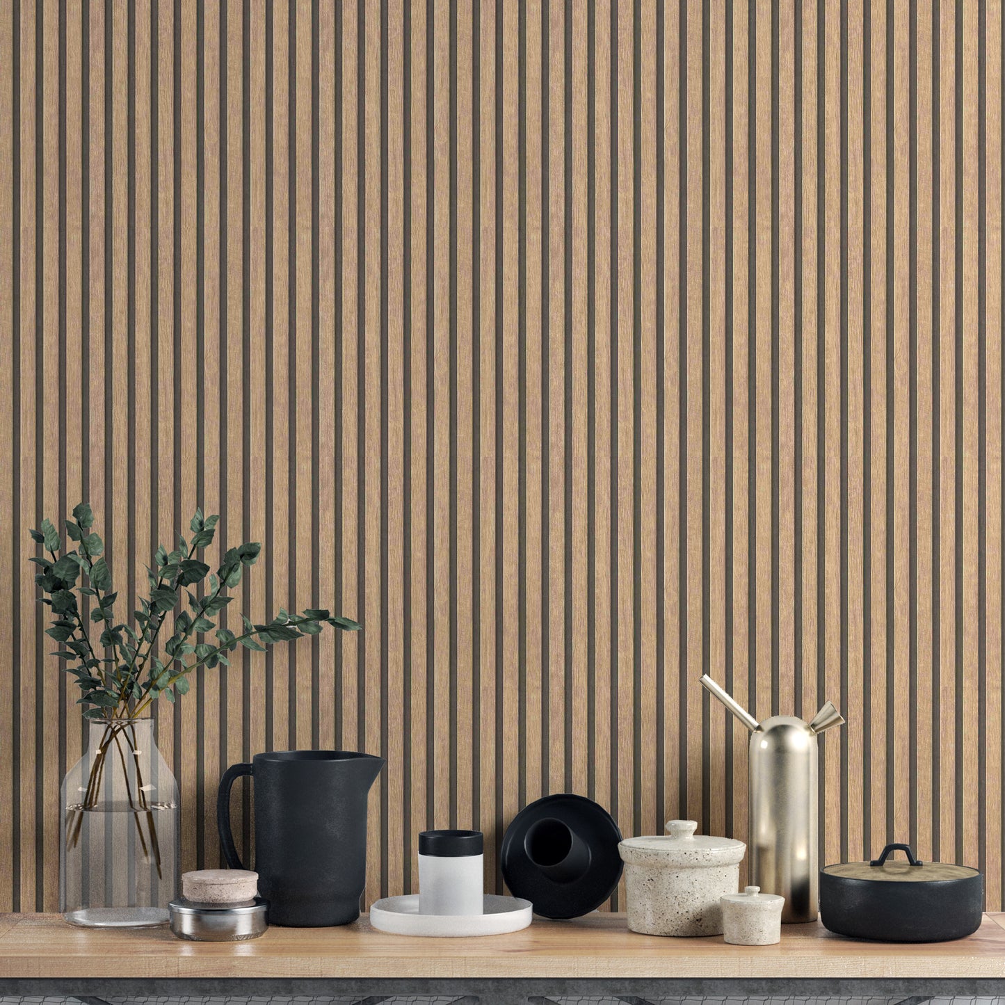 Beige brown wood panel wallpaper for modern interiors
