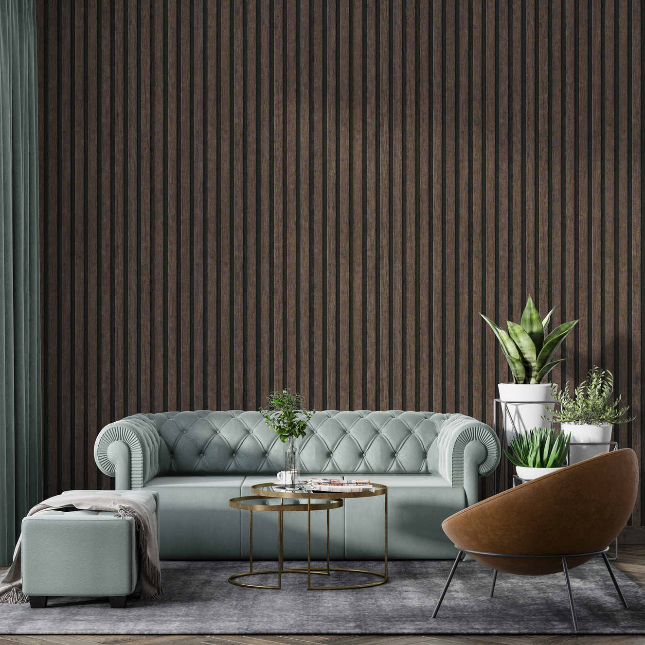 Brown wood slat panel wallpaper for modern interiors
