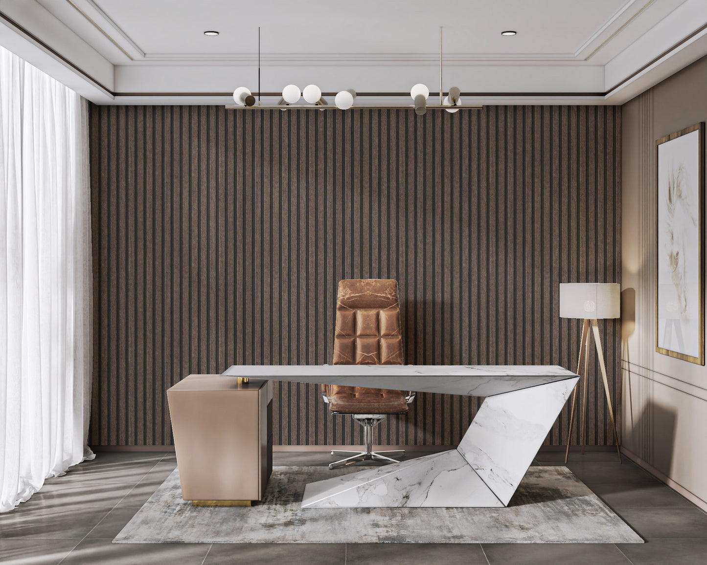 Vertical wood panel wallpaper for accent walls
