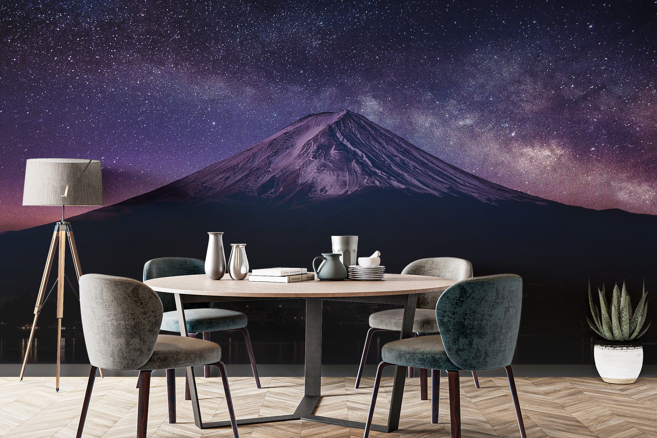 Mount Fuji astrophotography mural with galaxy vibes
