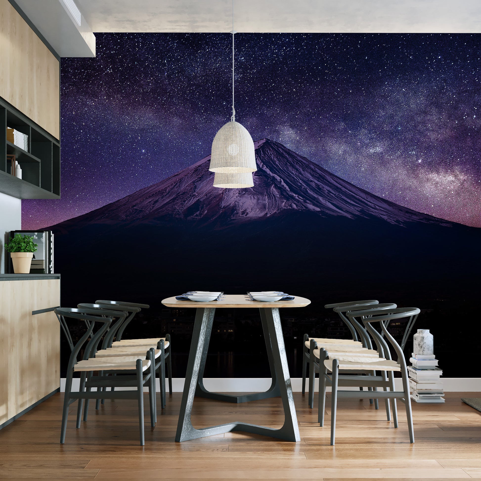 Starry night Mount Fuji mural for a serene ambiance
