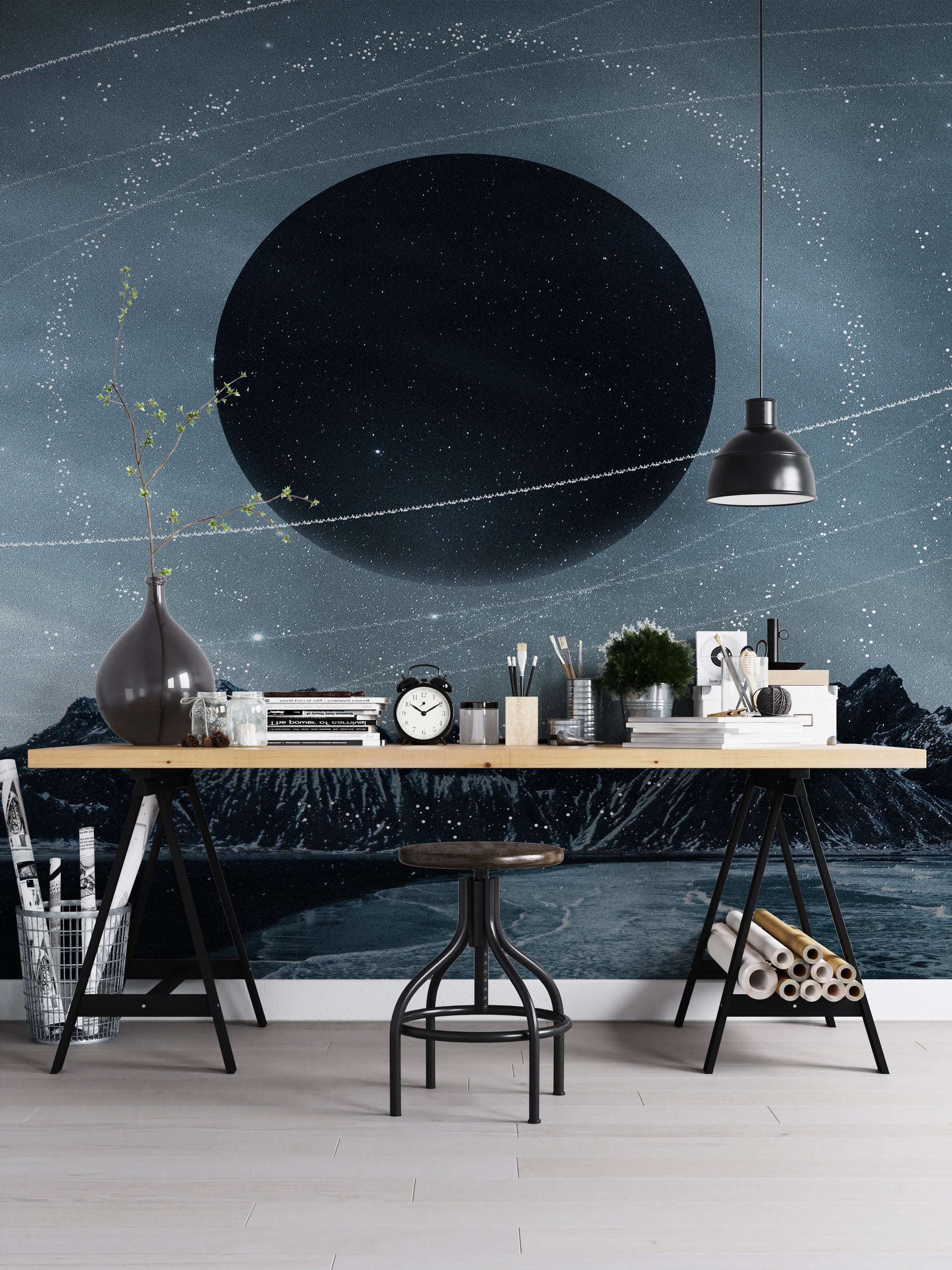 Starry night sky wallpaper with black hole design
