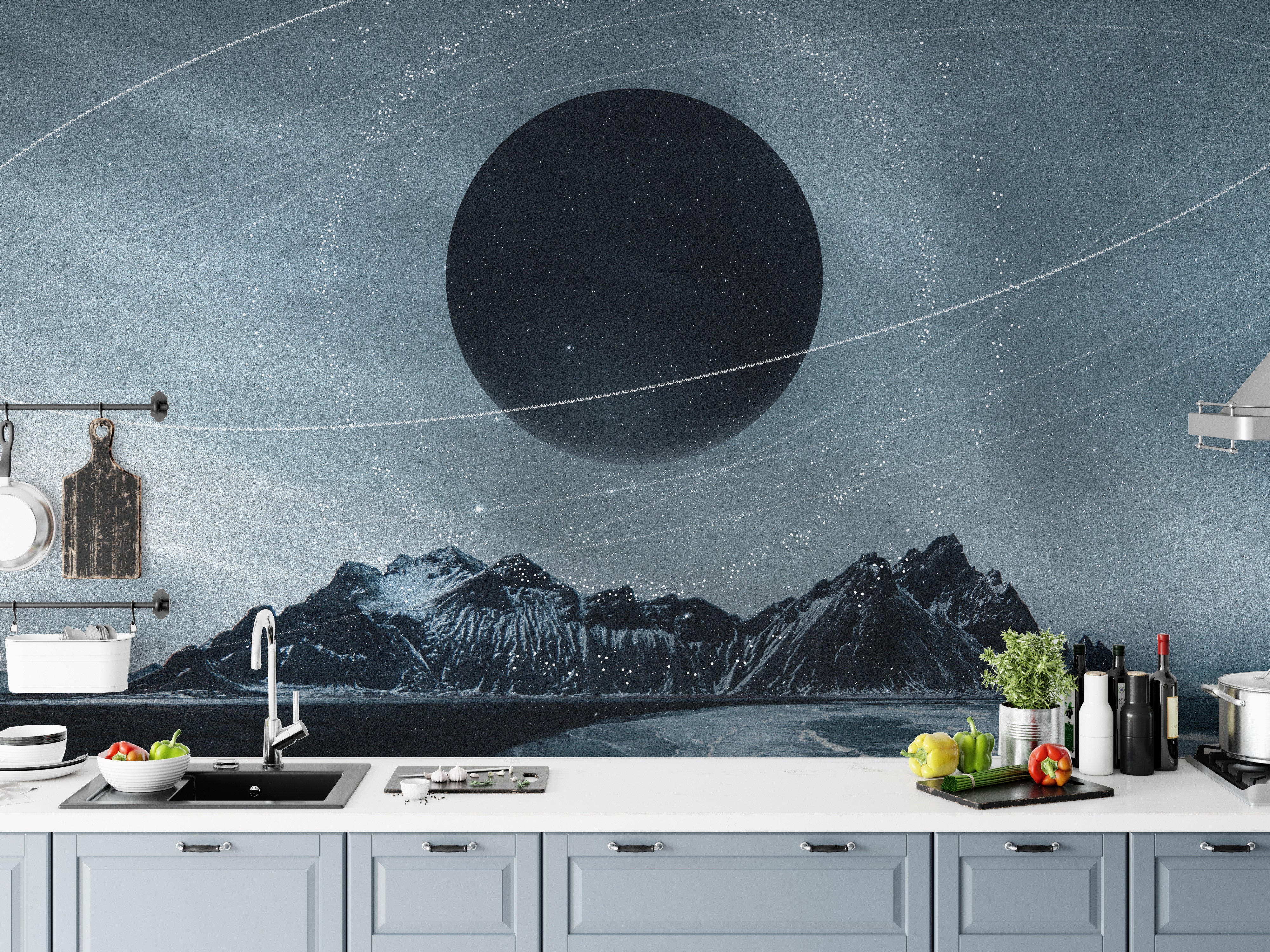 Interstellar digital art with planetary rings
