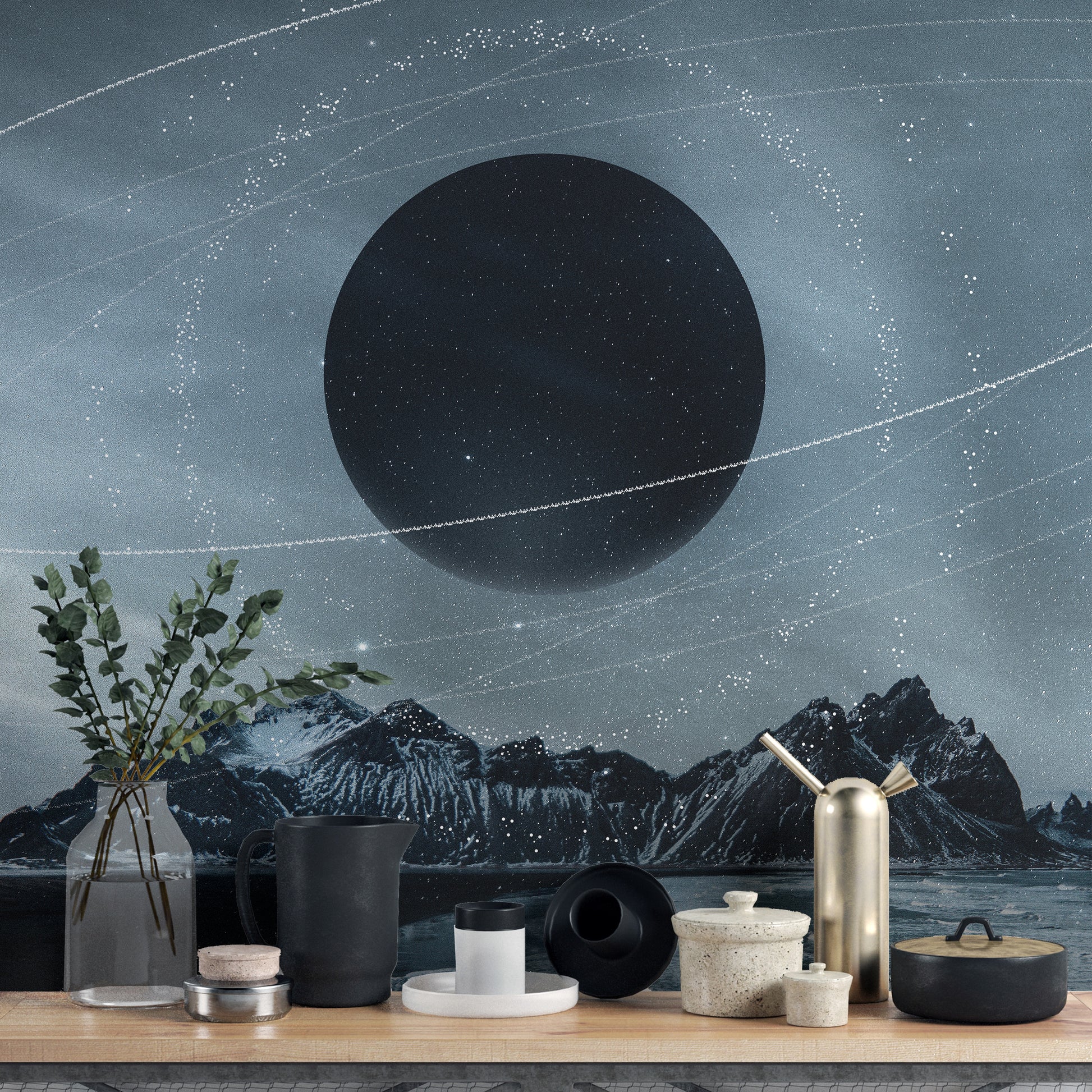 Dreamlike mountain and cosmic space wall mural
