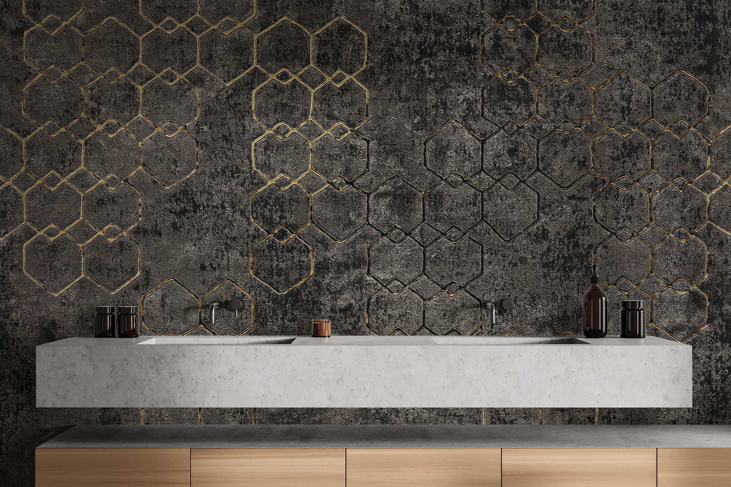 Industrial black and gold geometric wallpaper design
