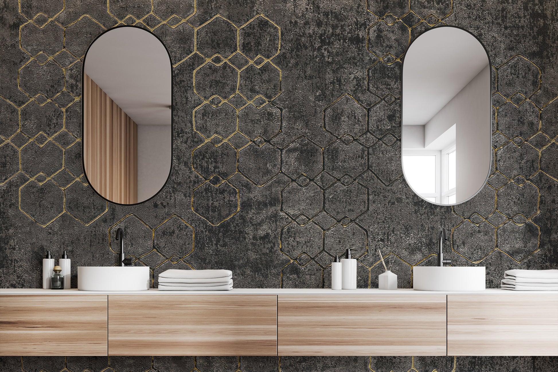 Bold hexagon pattern wallpaper with gold accents




