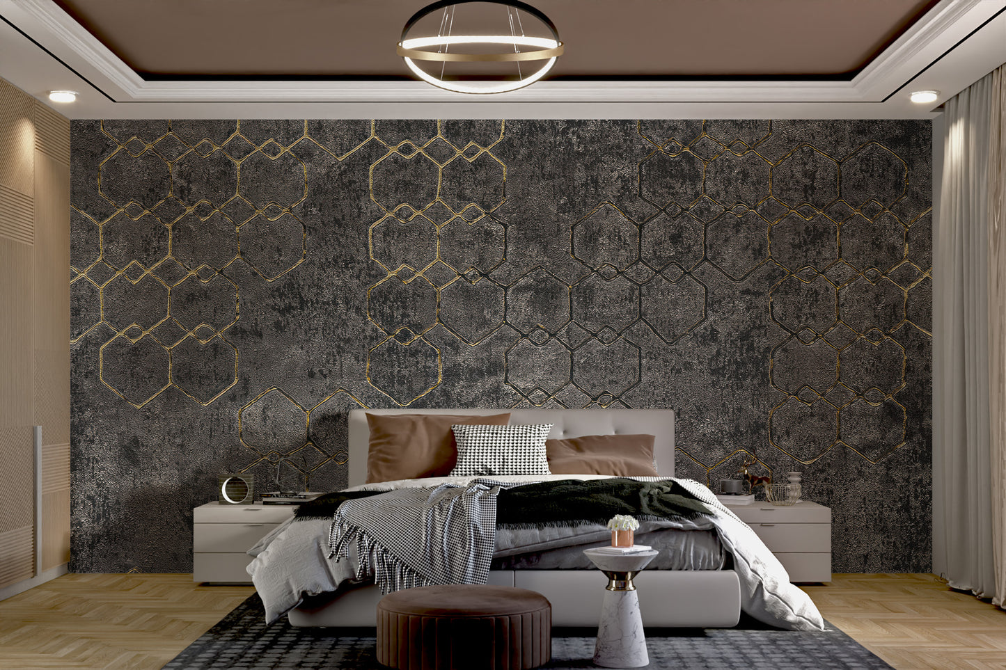 Modern geometric hexagon wallpaper in gold and black
