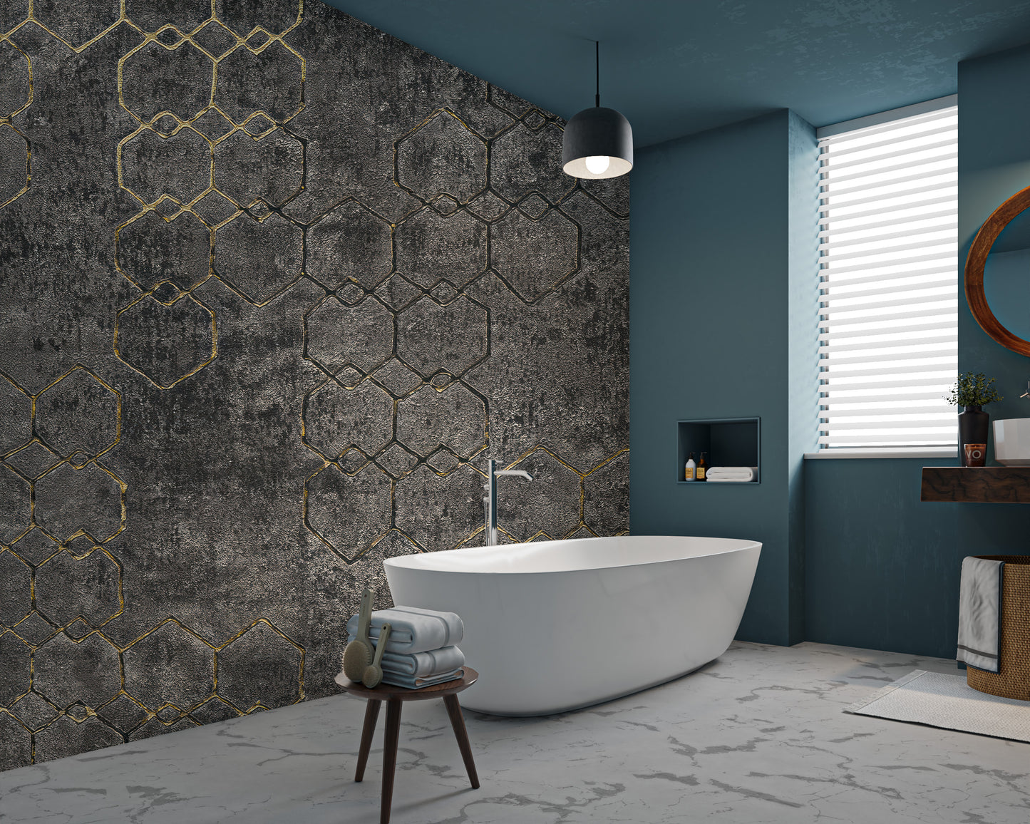 Stylish black and gold hexagon wall mural
