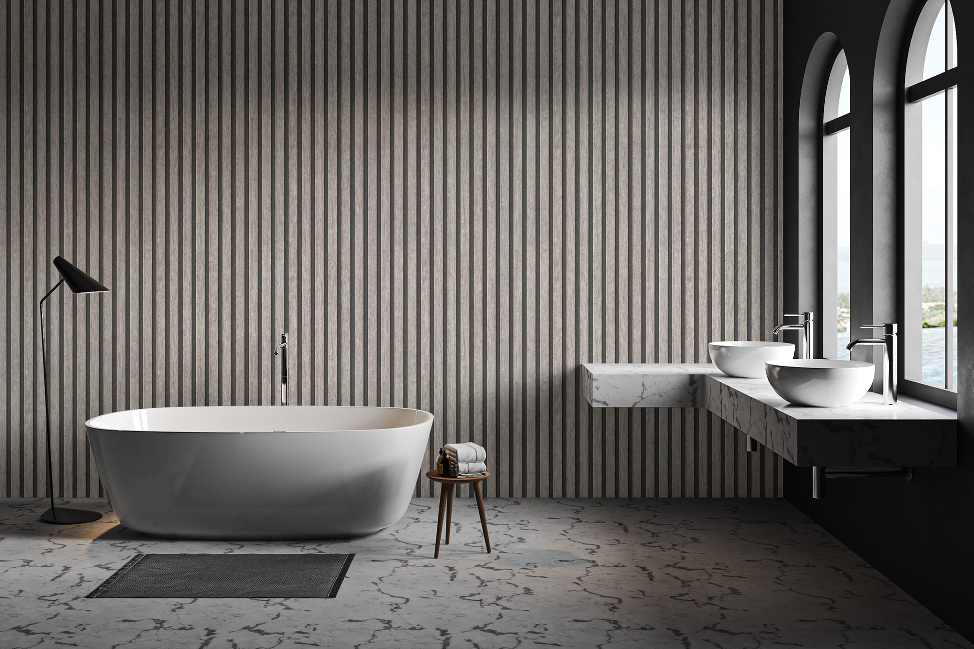 Gray striped wallpaper with a wood texture effect
