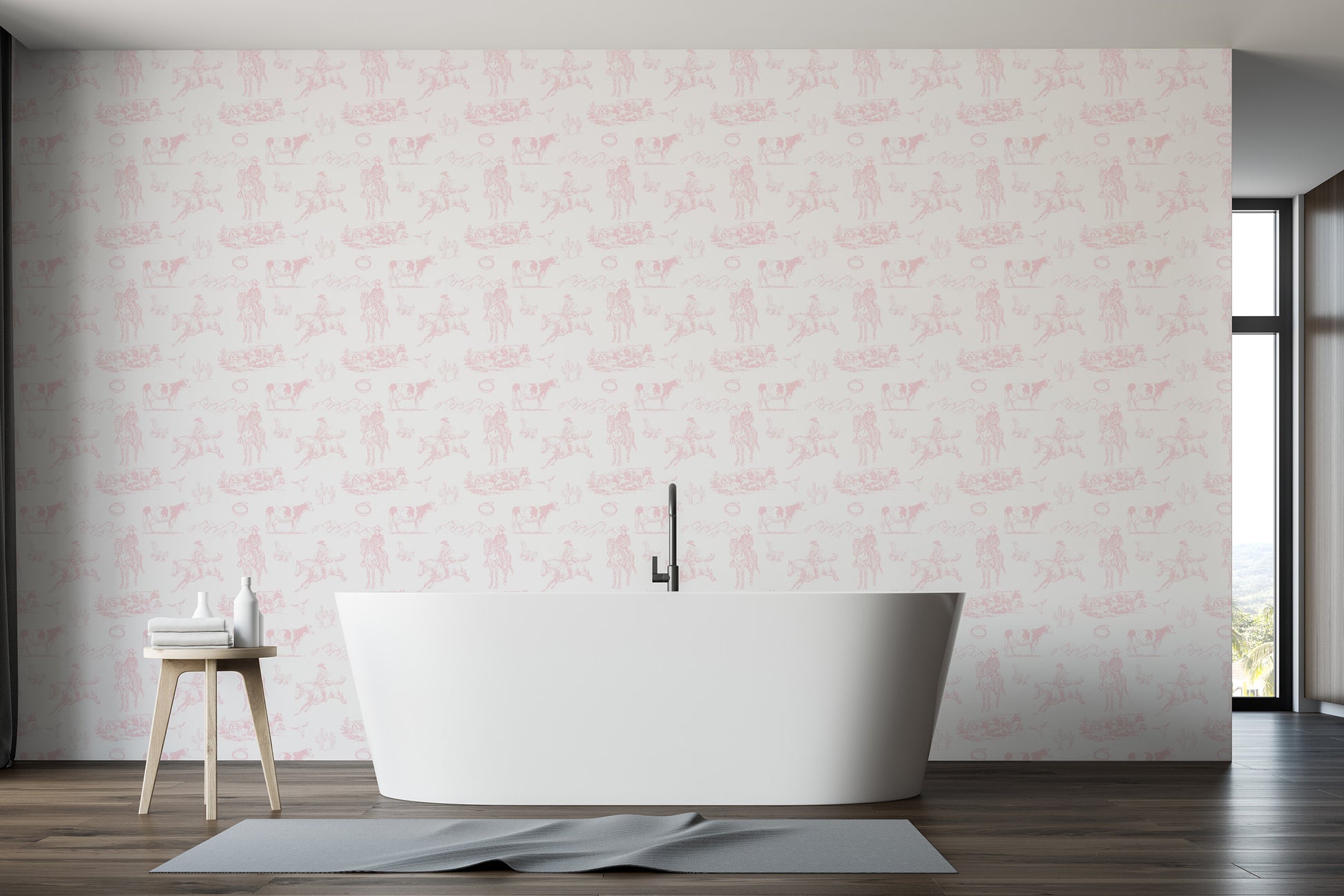 Rustic Cowboy Print Wallpaper Mural in Soft Pink Tones
