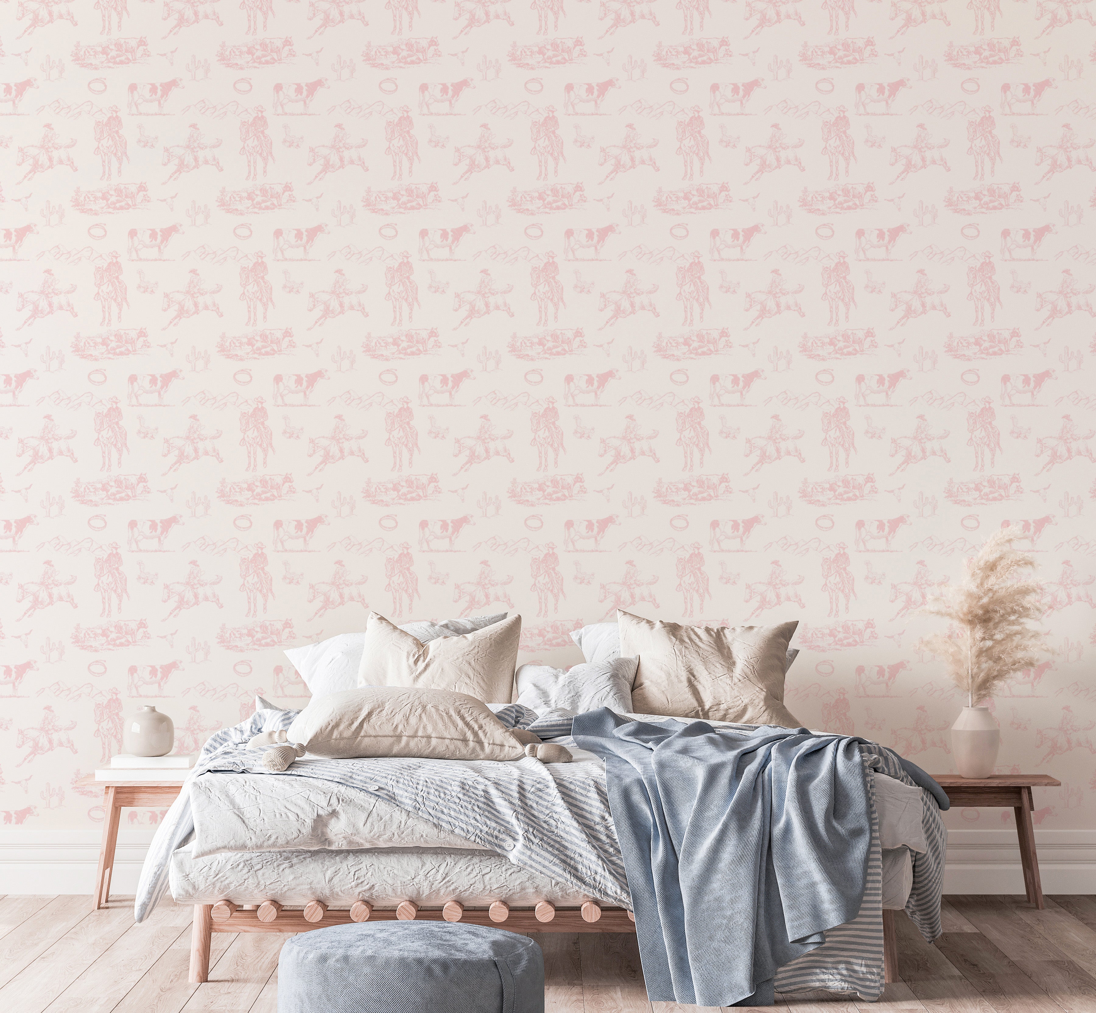 Wild West-Inspired Pink Wallpaper with Classic Toile Design
