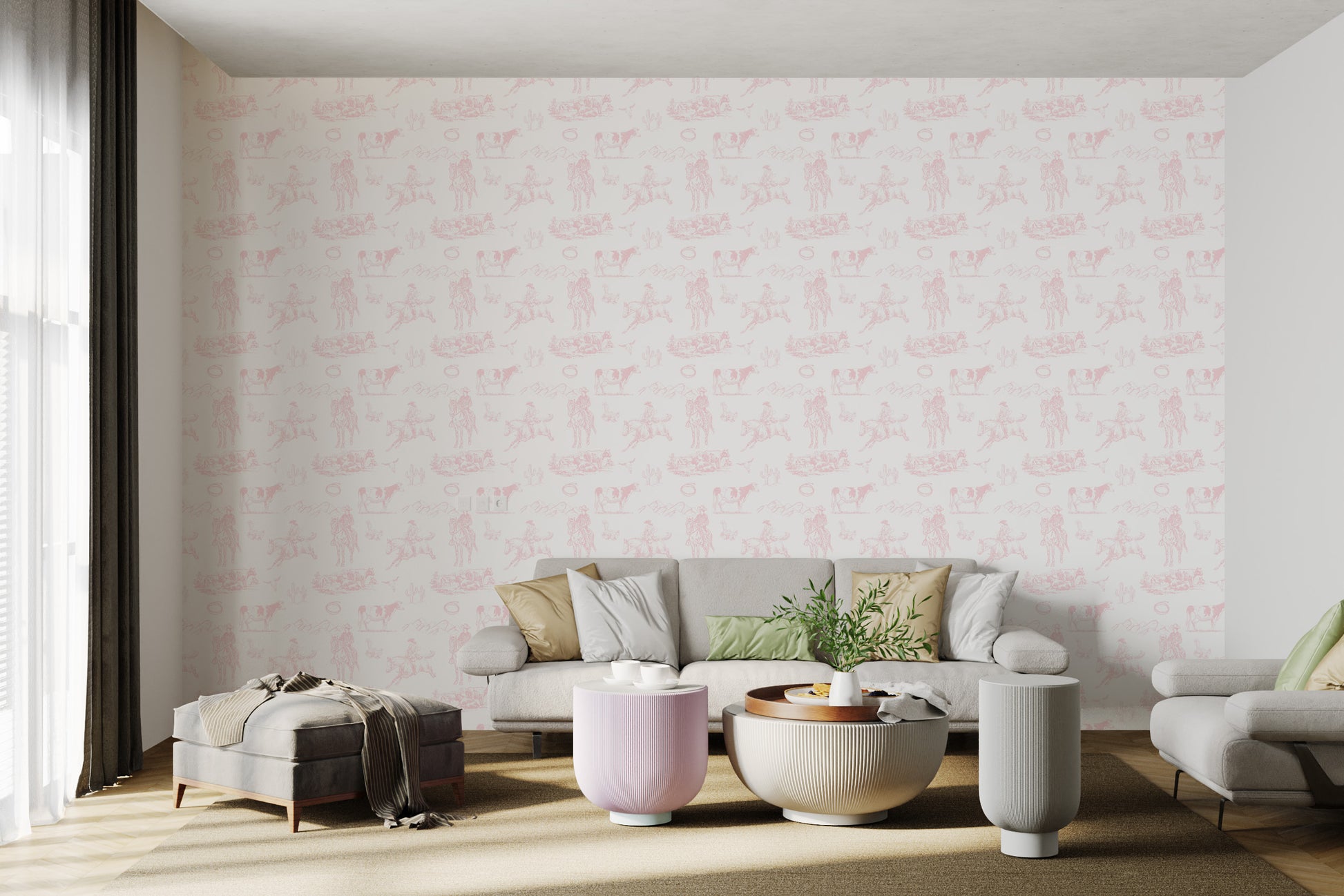 Stylish Western Rodeo Toile Wallpaper Mural in Pink
