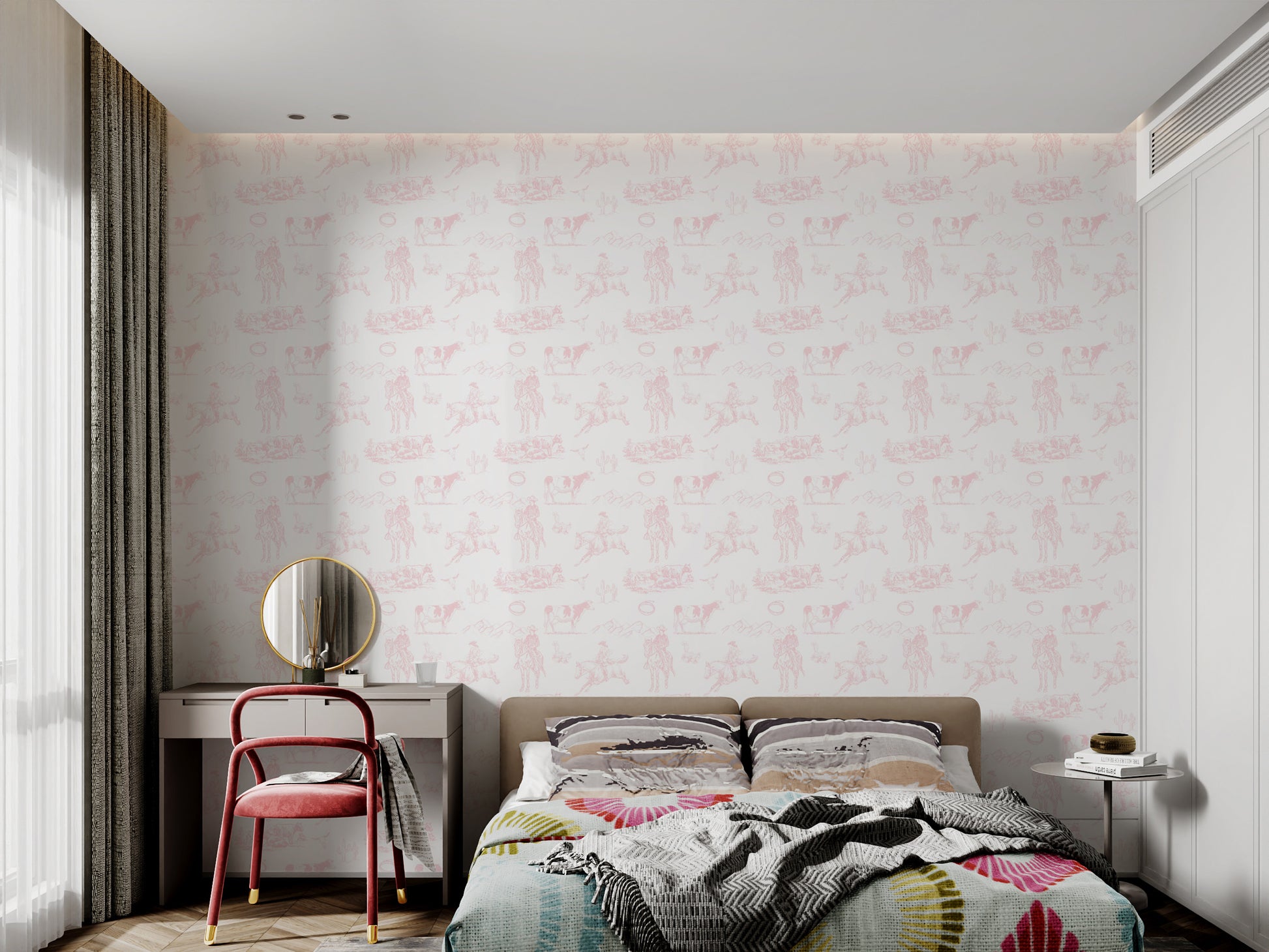 Pink Western Toile Wallpaper with Vintage Cowgirl Design
