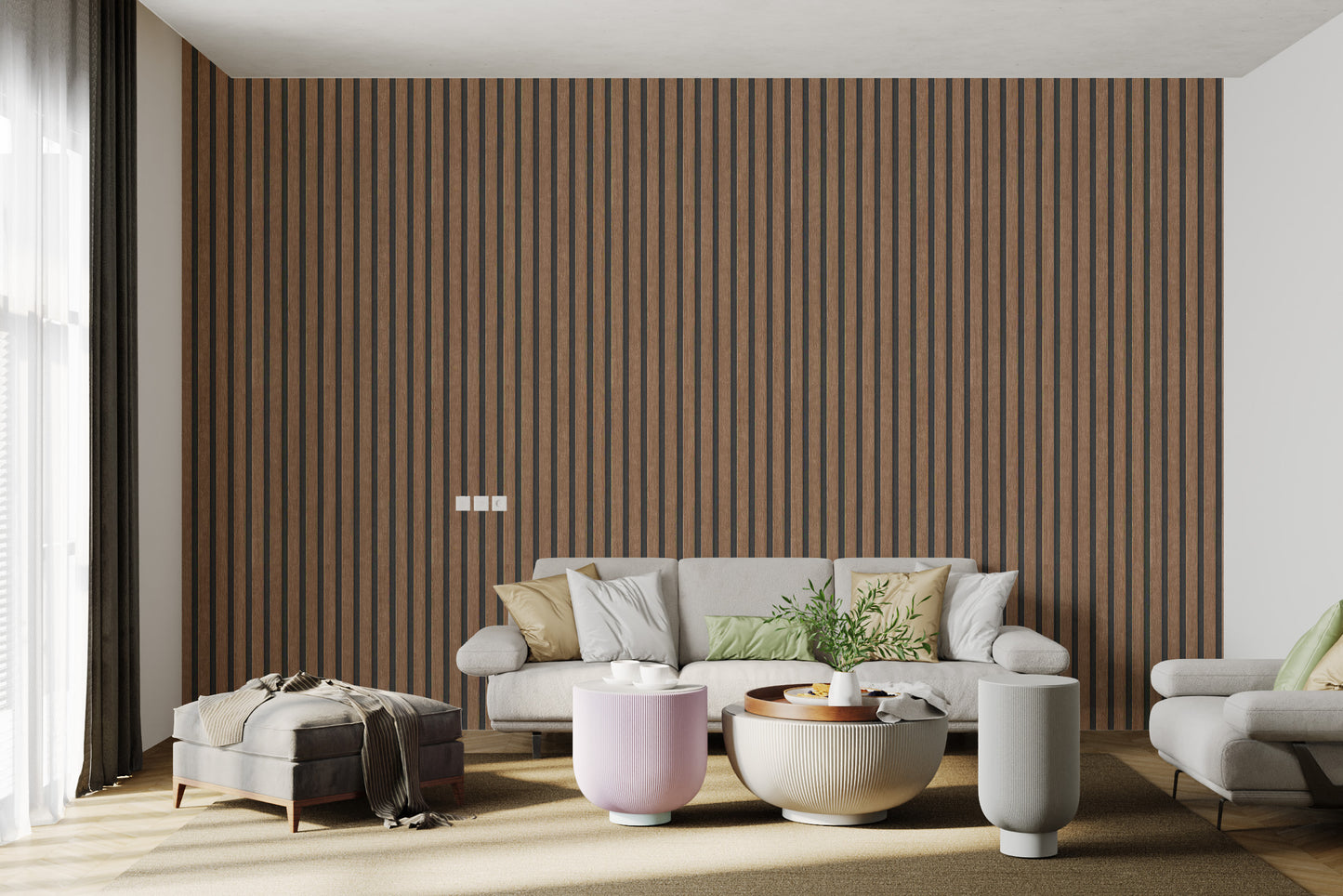 Realistic vertical wood panel wallpaper for modern interiors
