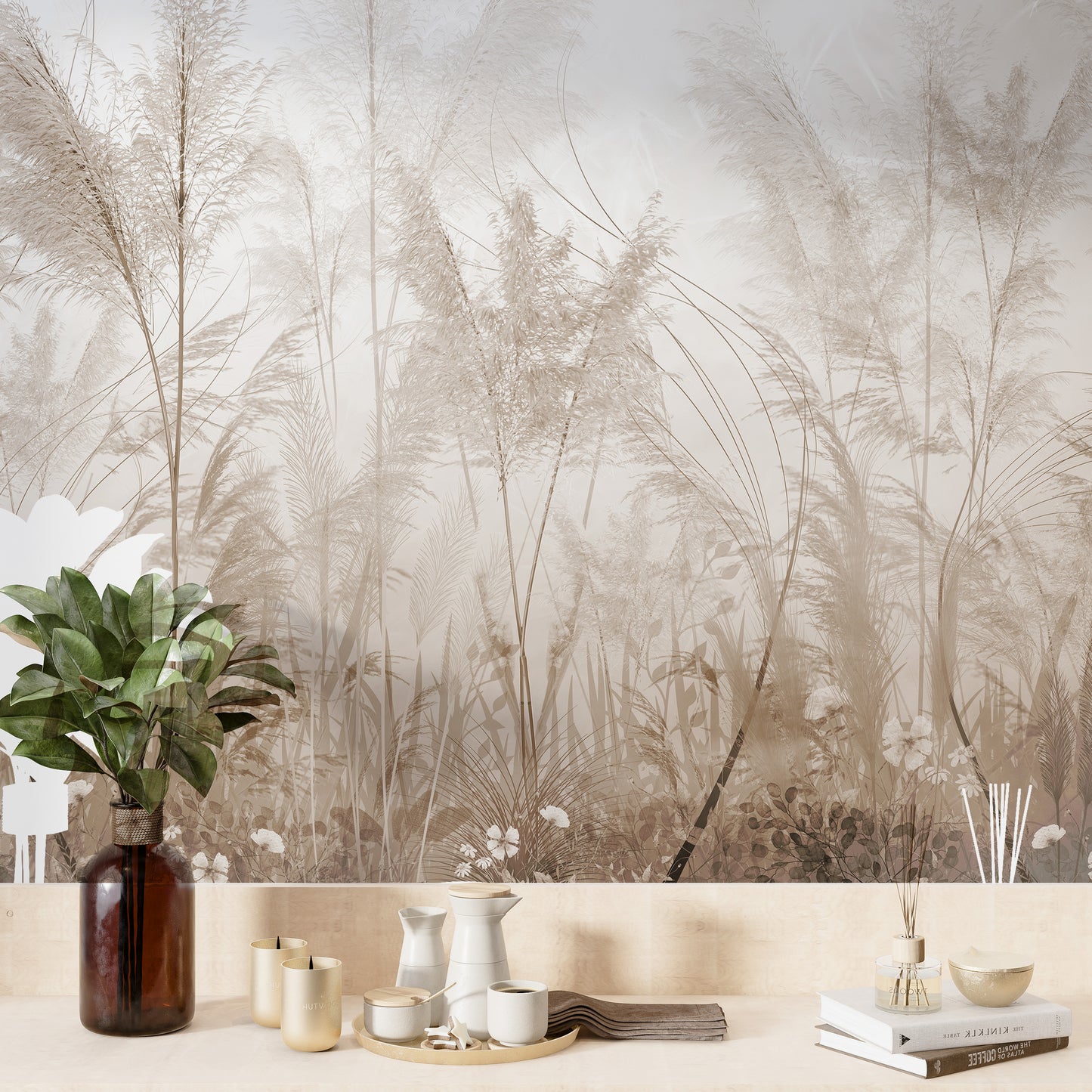 Soft neutral floral wallpaper mural for a calming space
