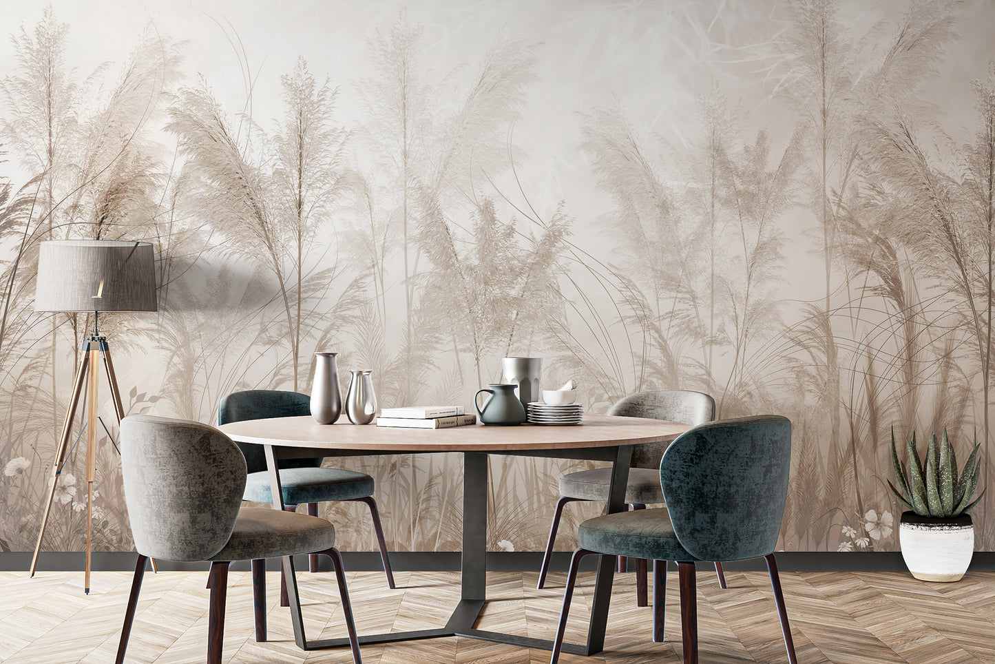 Watercolor floral wallpaper mural with pampas grass




