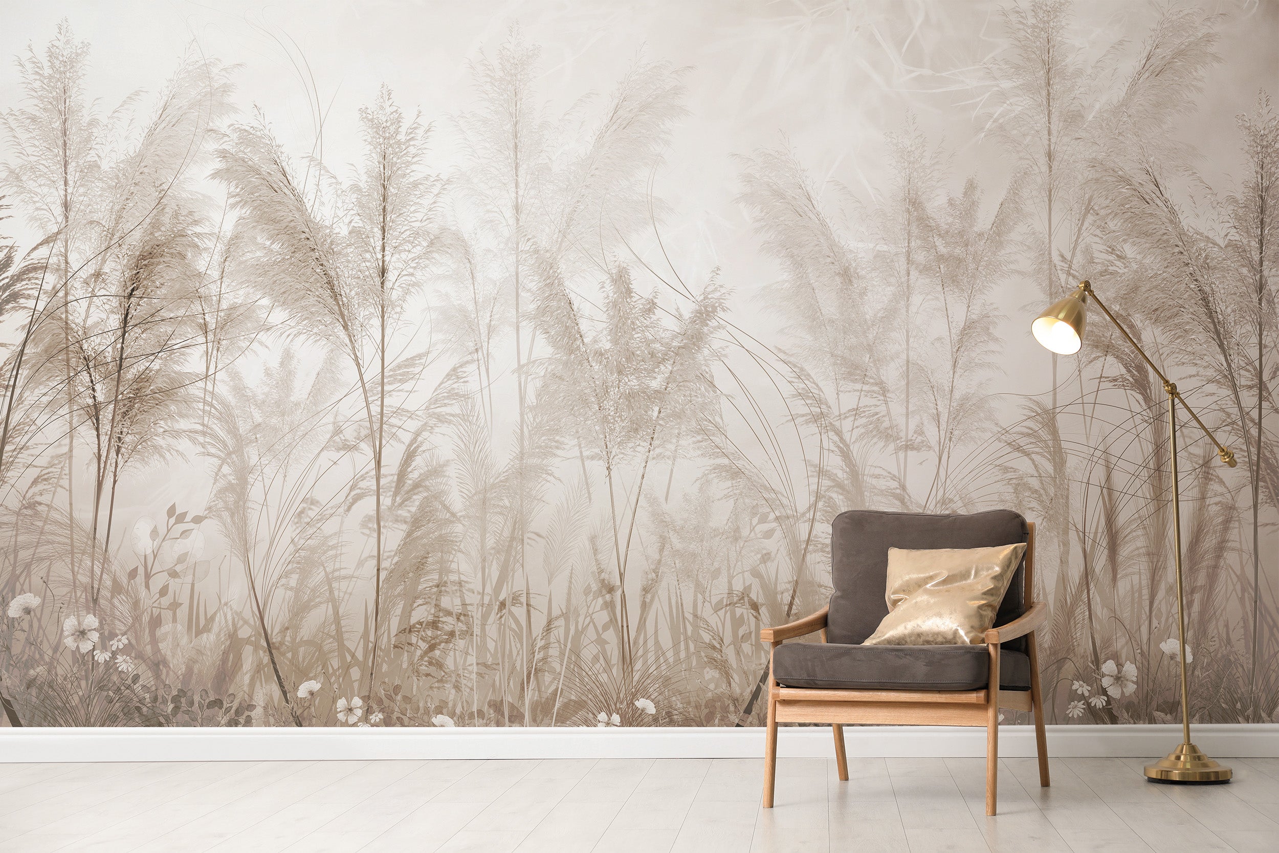 Nature-inspired wall mural with soft pampas grass
