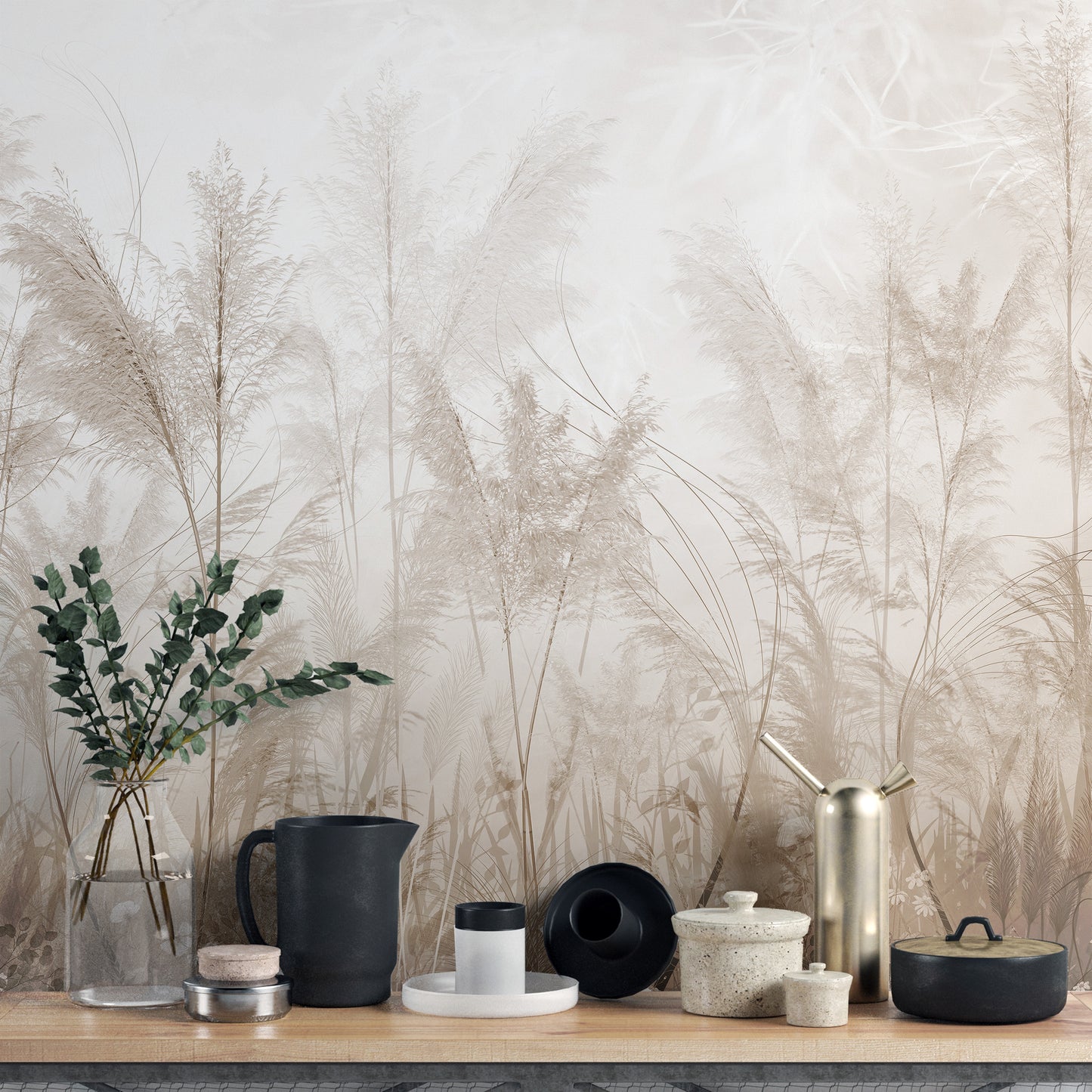 Pampas grass wallpaper mural with wildflower details
