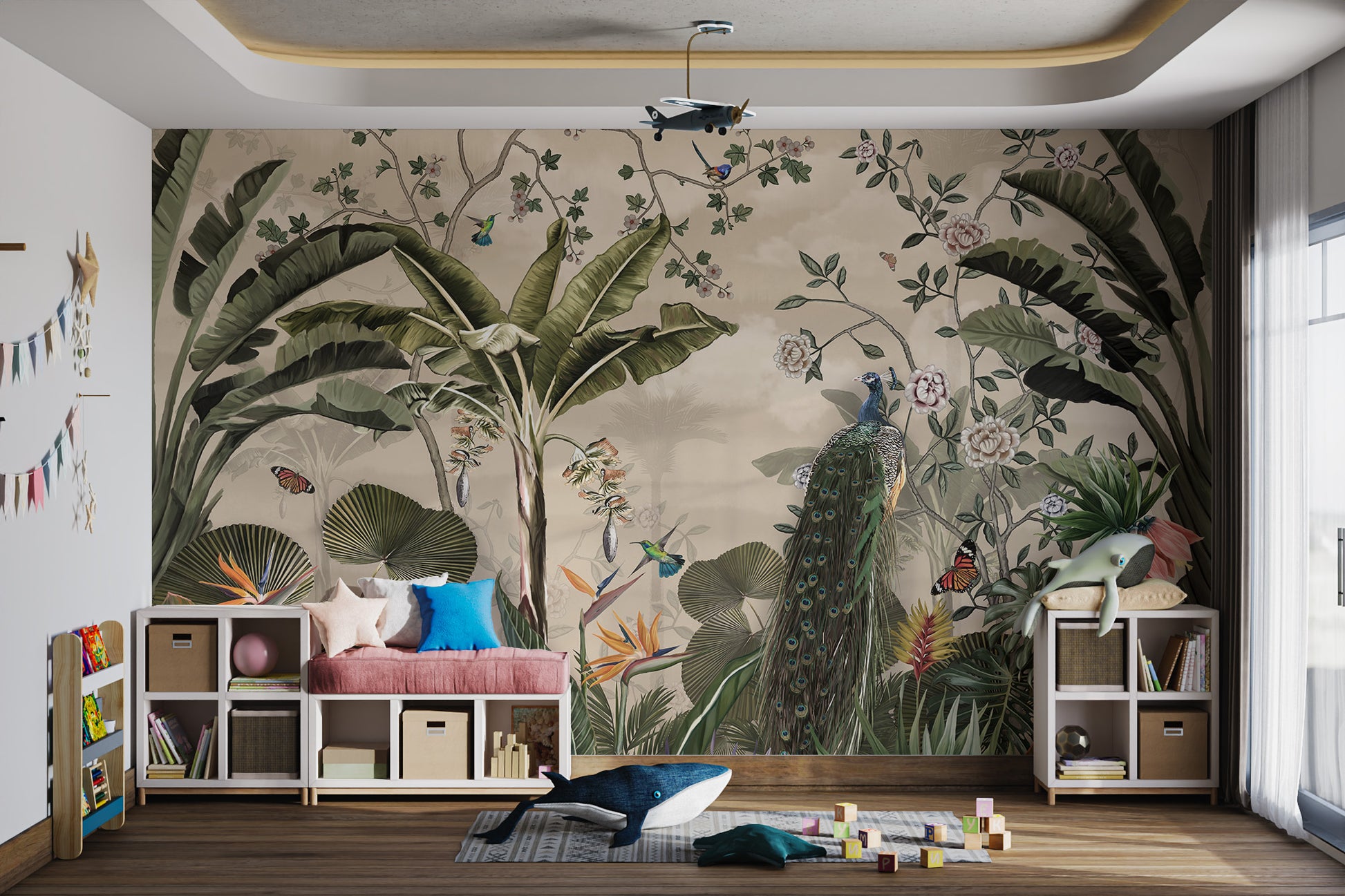 Tropical jungle wallpaper mural with exotic botanical elements
