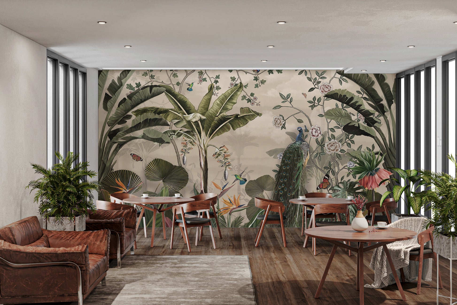 Nature-inspired wall mural decor with tropical paradise theme
