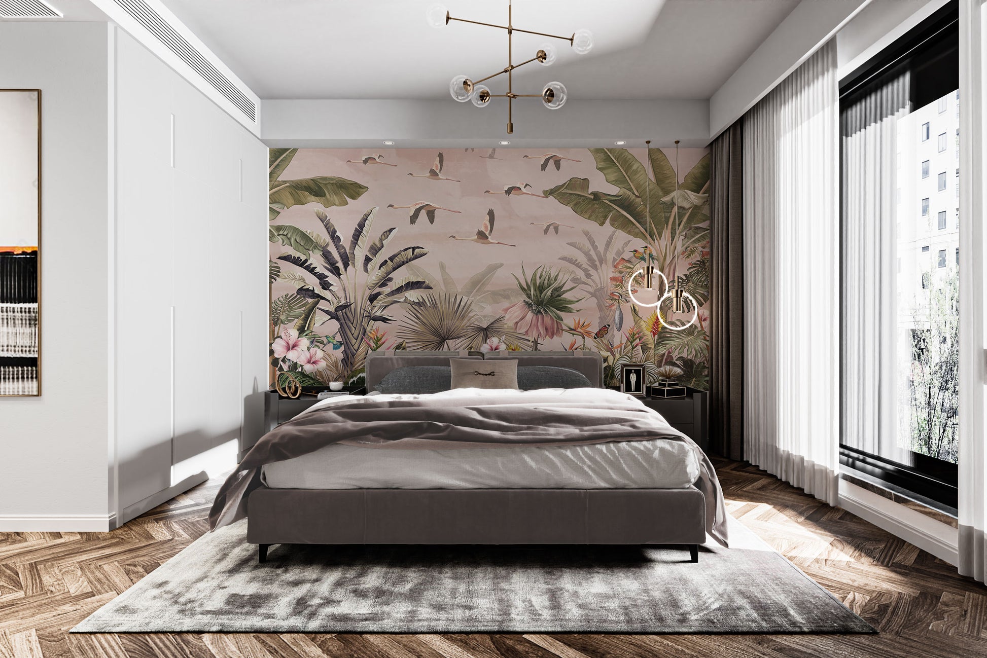 Flamingo jungle wallpaper with vintage floral details
