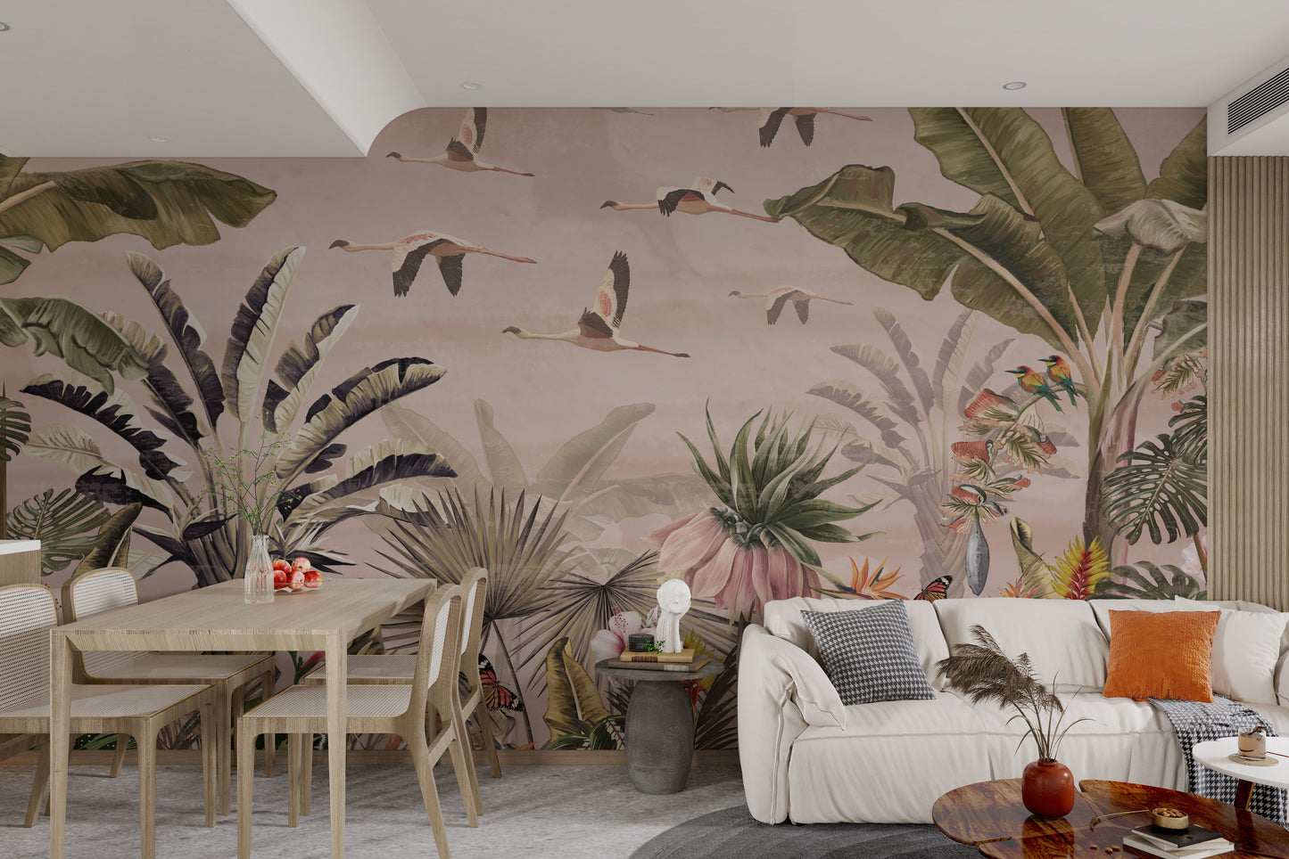 Exotic botanical mural with banana leaves and birds
