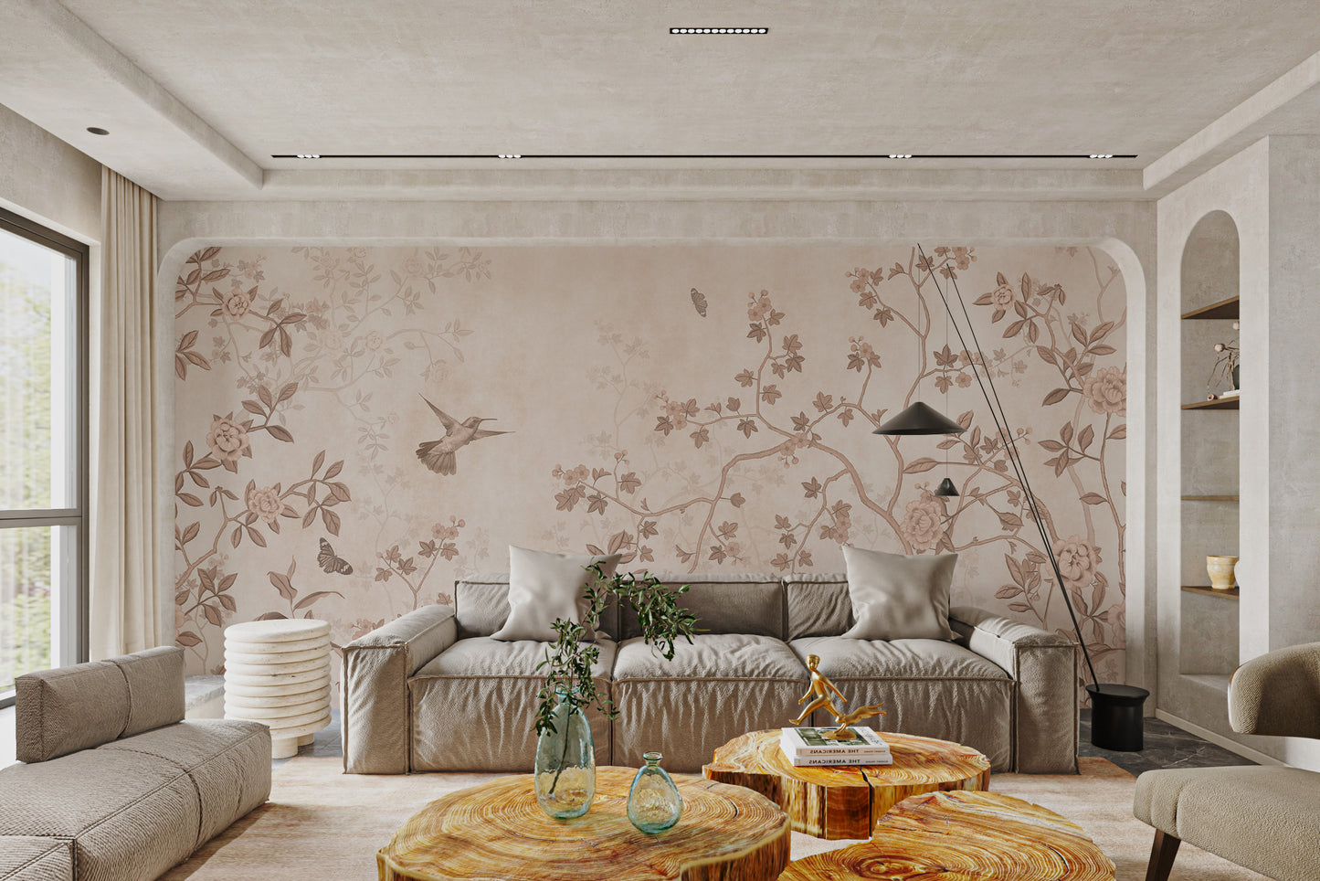 Elegant botanical wallpaper mural with hummingbirds
