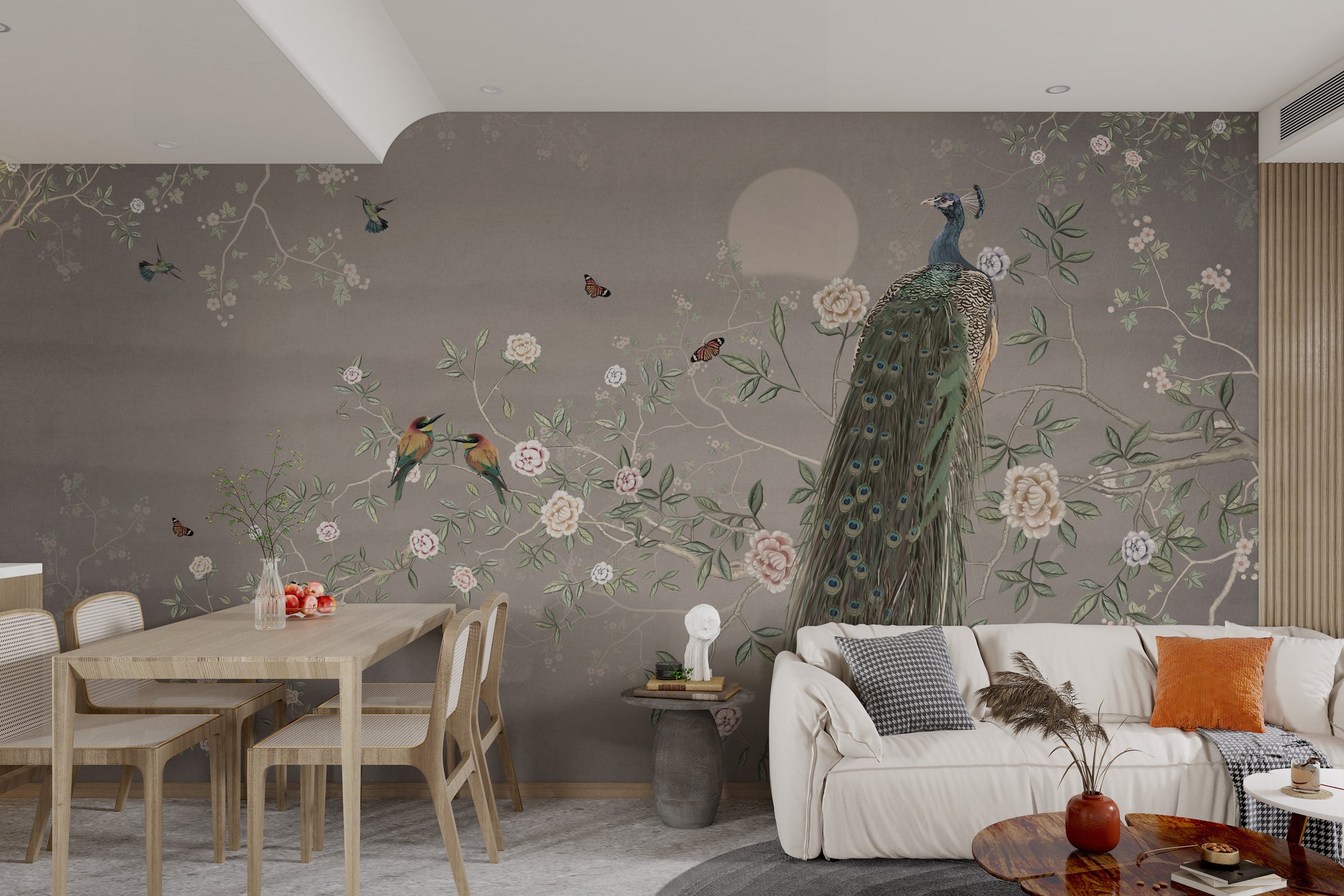 Traditional Asian wallpaper mural with birds and blossoms
