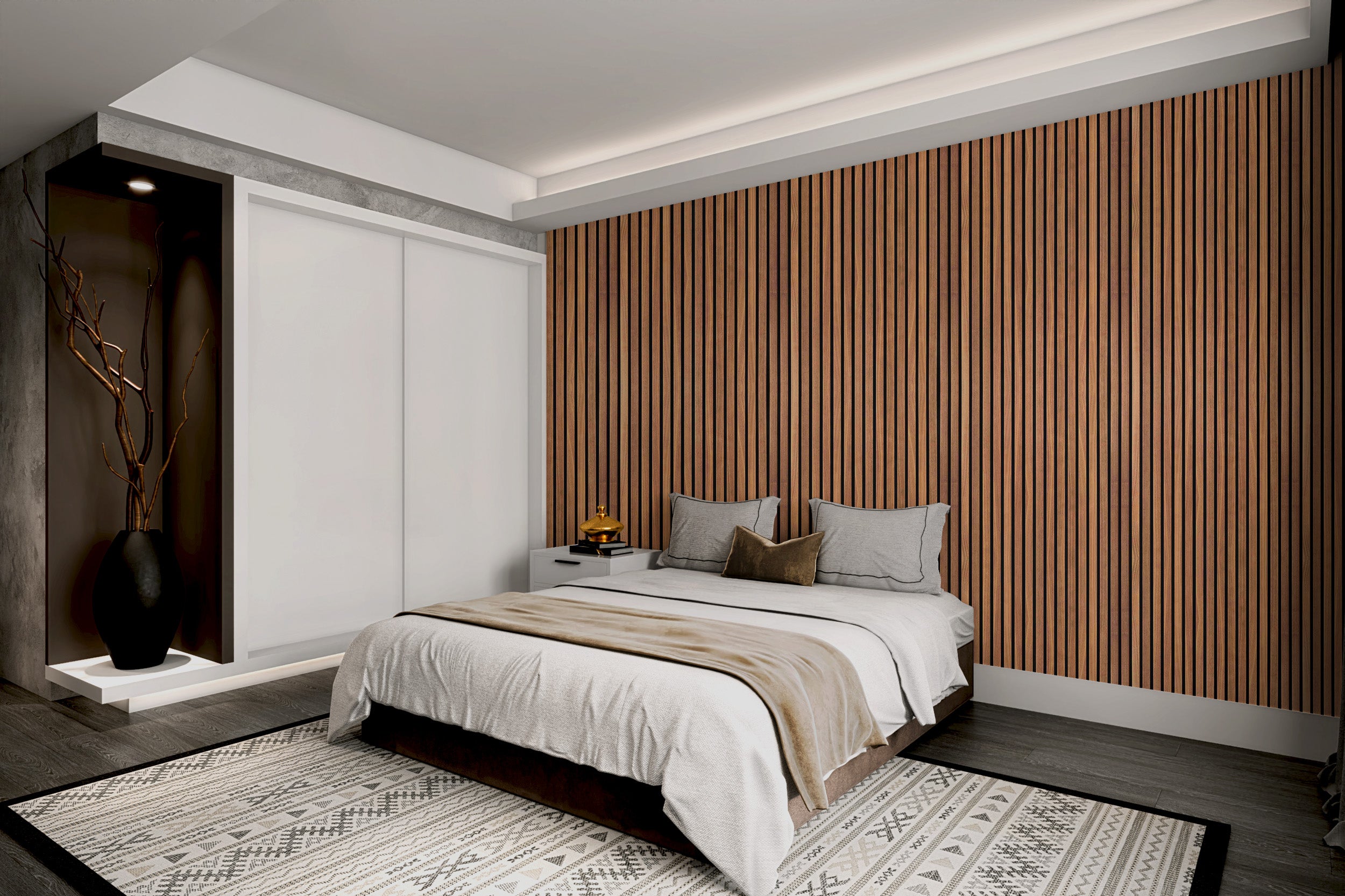 Luxury wood panel interior wallpaper with natural tones
