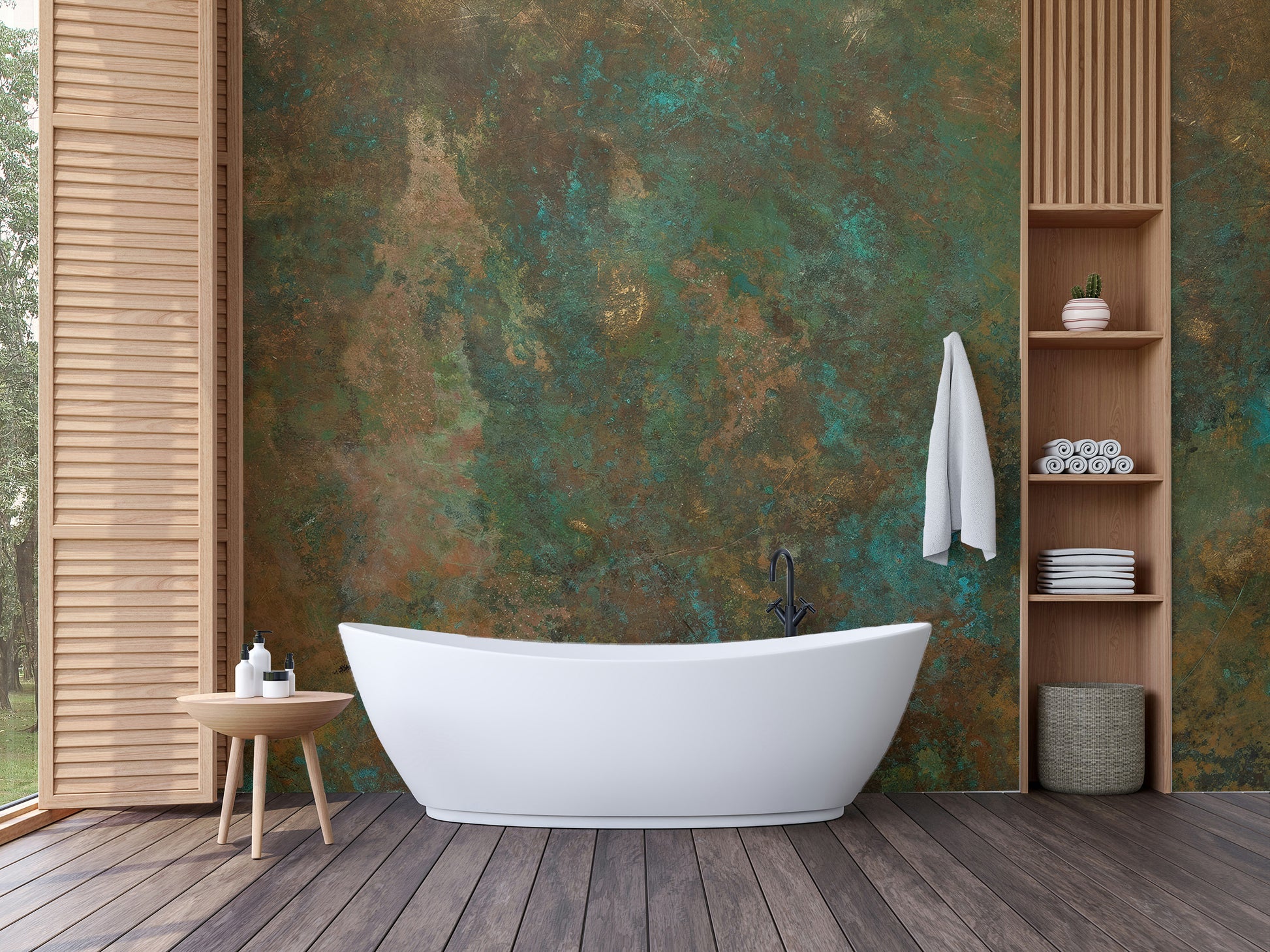 Elegant ancient bronze teal wallpaper mural for bathroom walls.