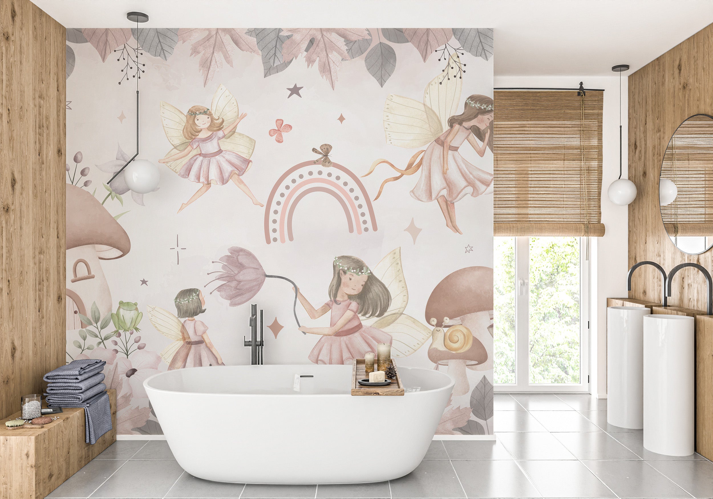 Artistic fairies in enchanted forest wallpaper decor