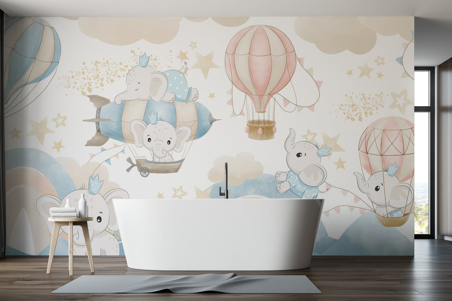 Adorable baby elephant sky adventure mural design