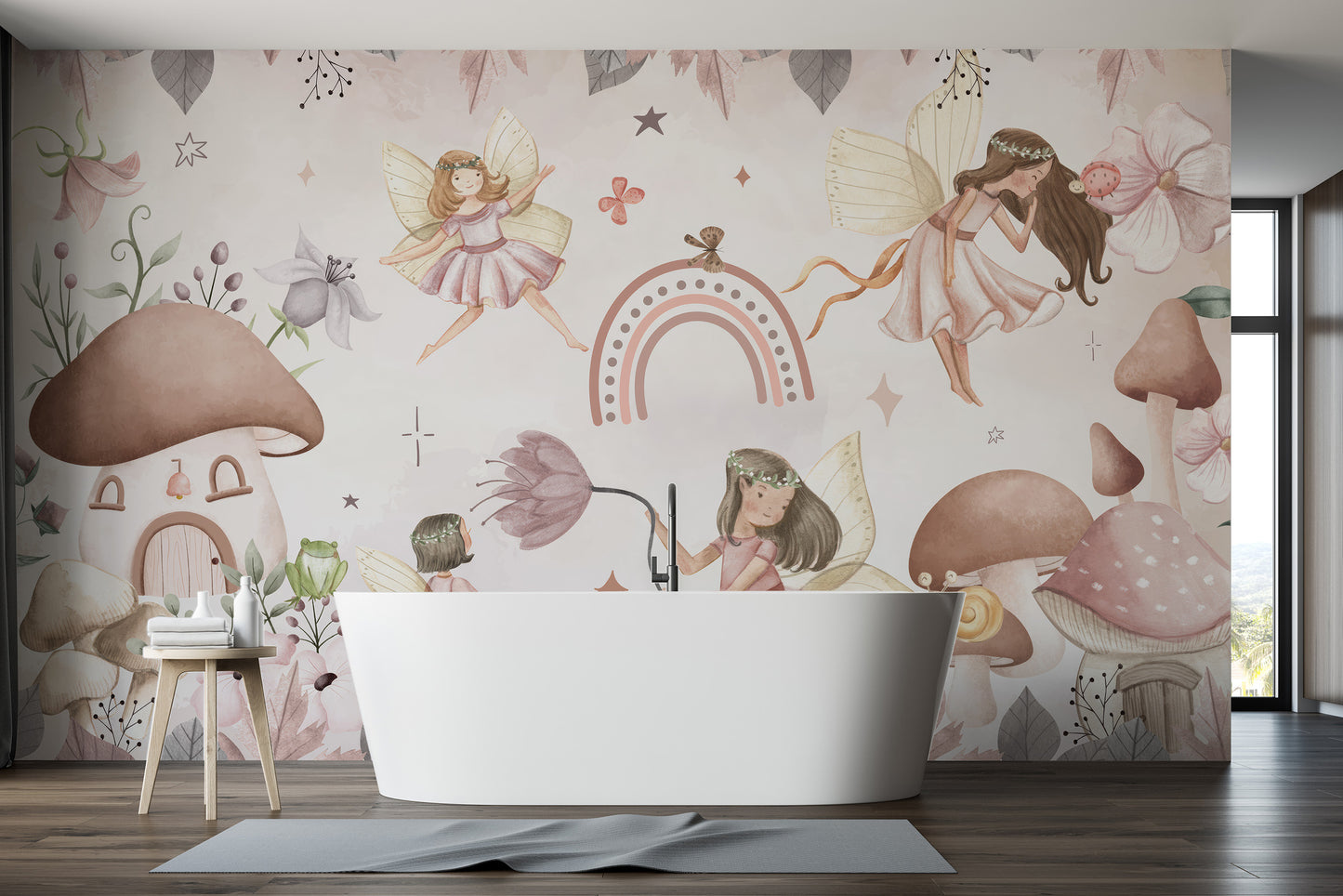 Serene forest mural with enchanting fairy motifs