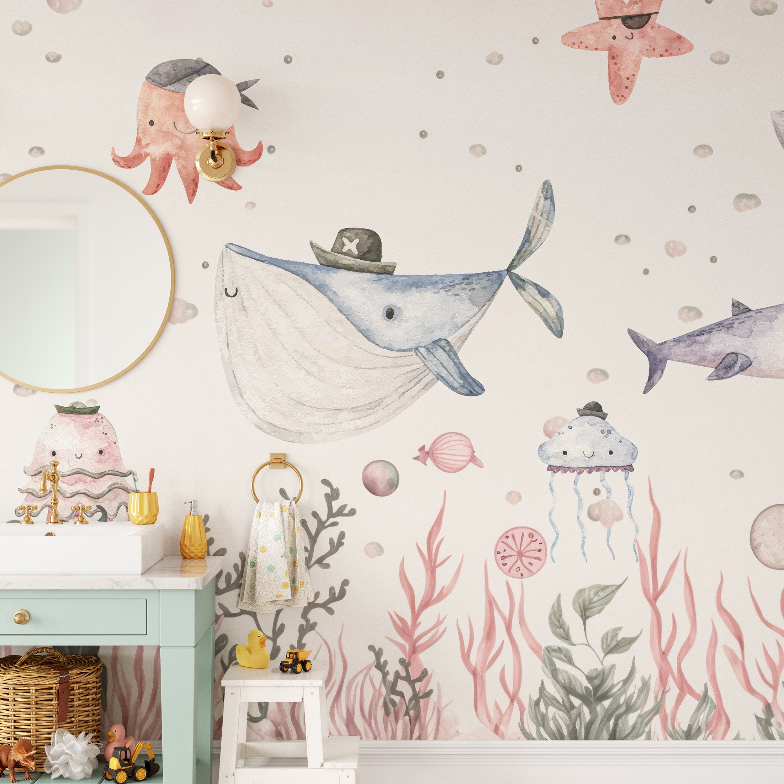 Cheerful aquarium mural with Maritime Mischief designs.
