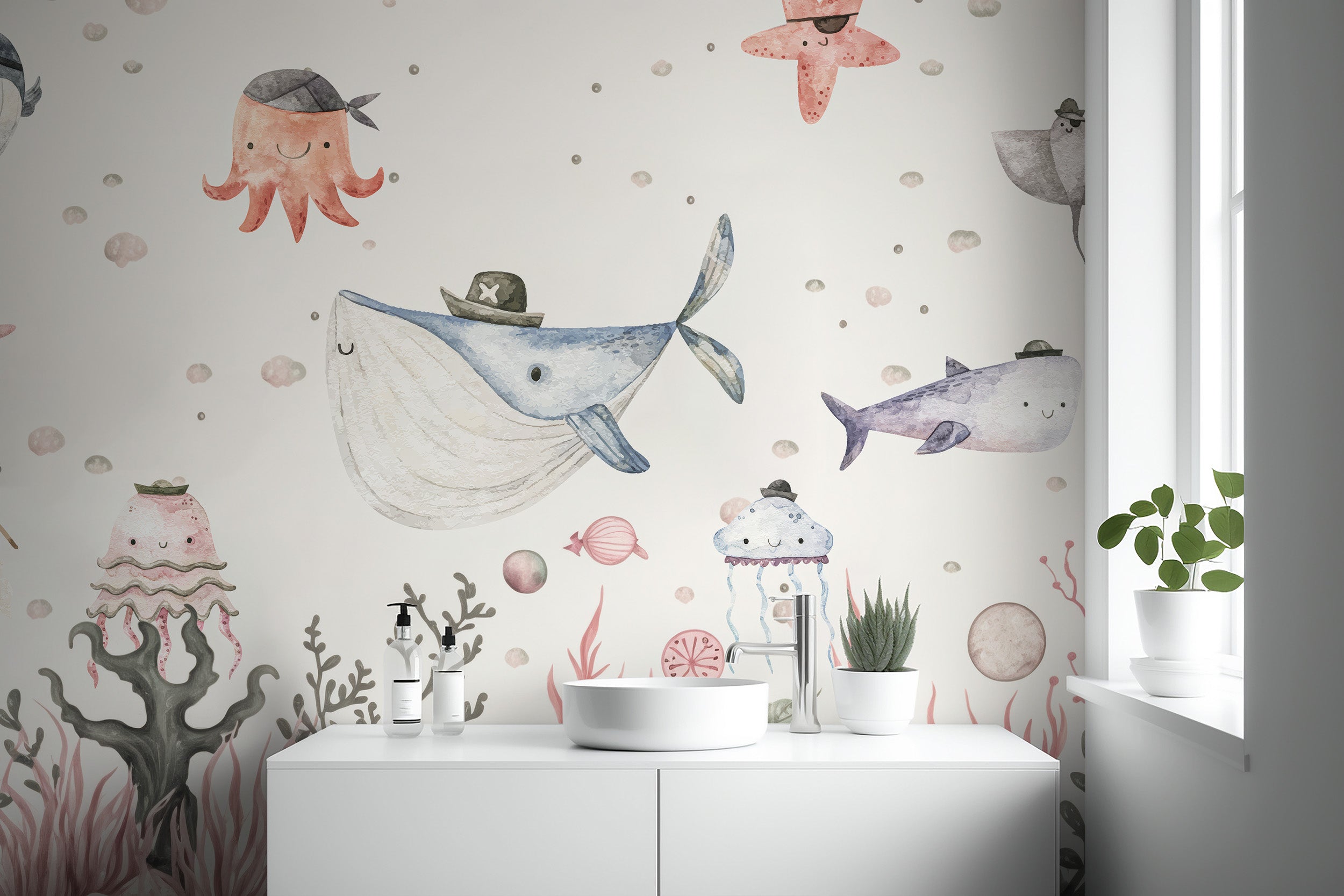 Maritime Mischief wall mural for a fun underwater adventure.
