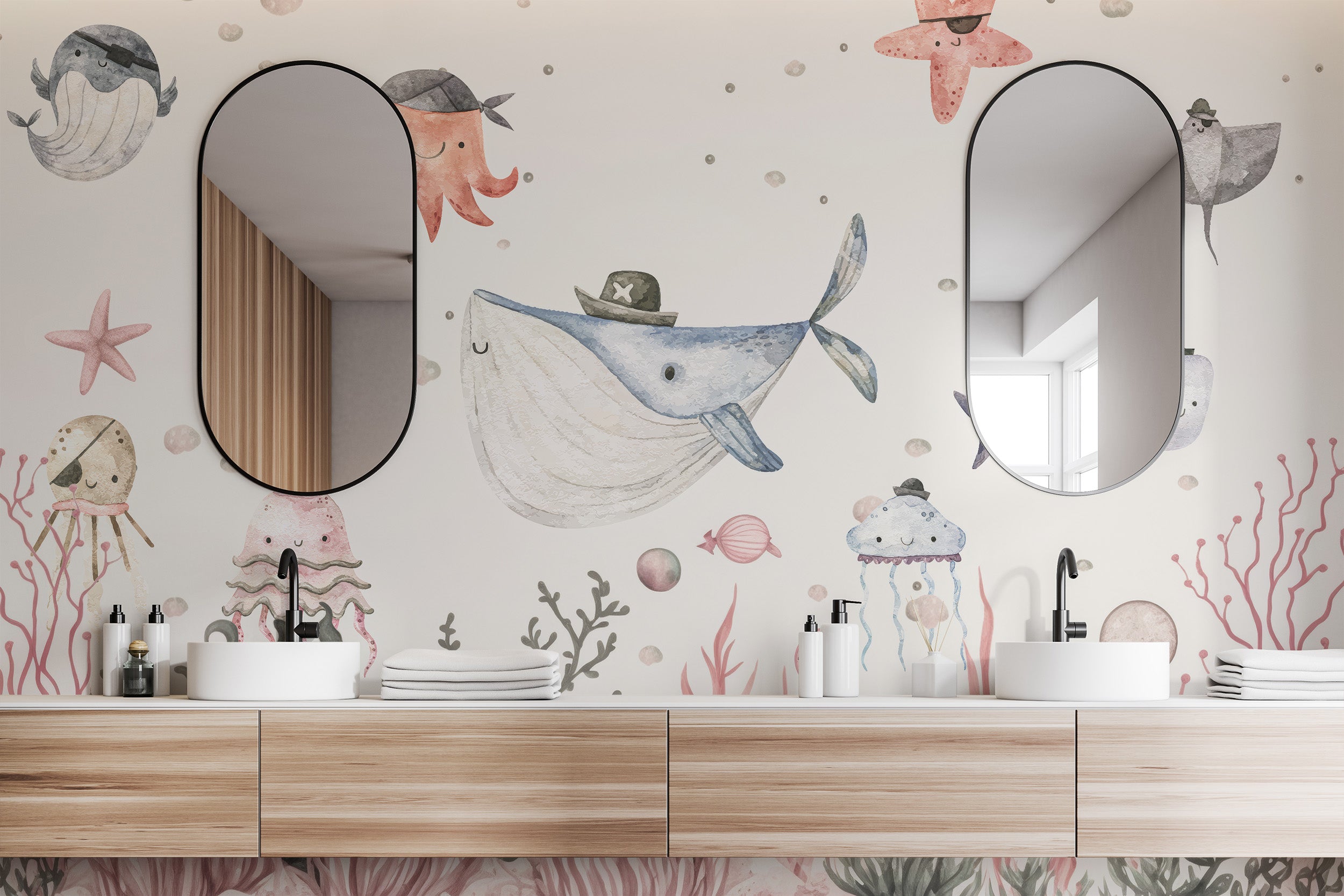 Playful Maritime Mischief aquarium mural for kids' spaces.
