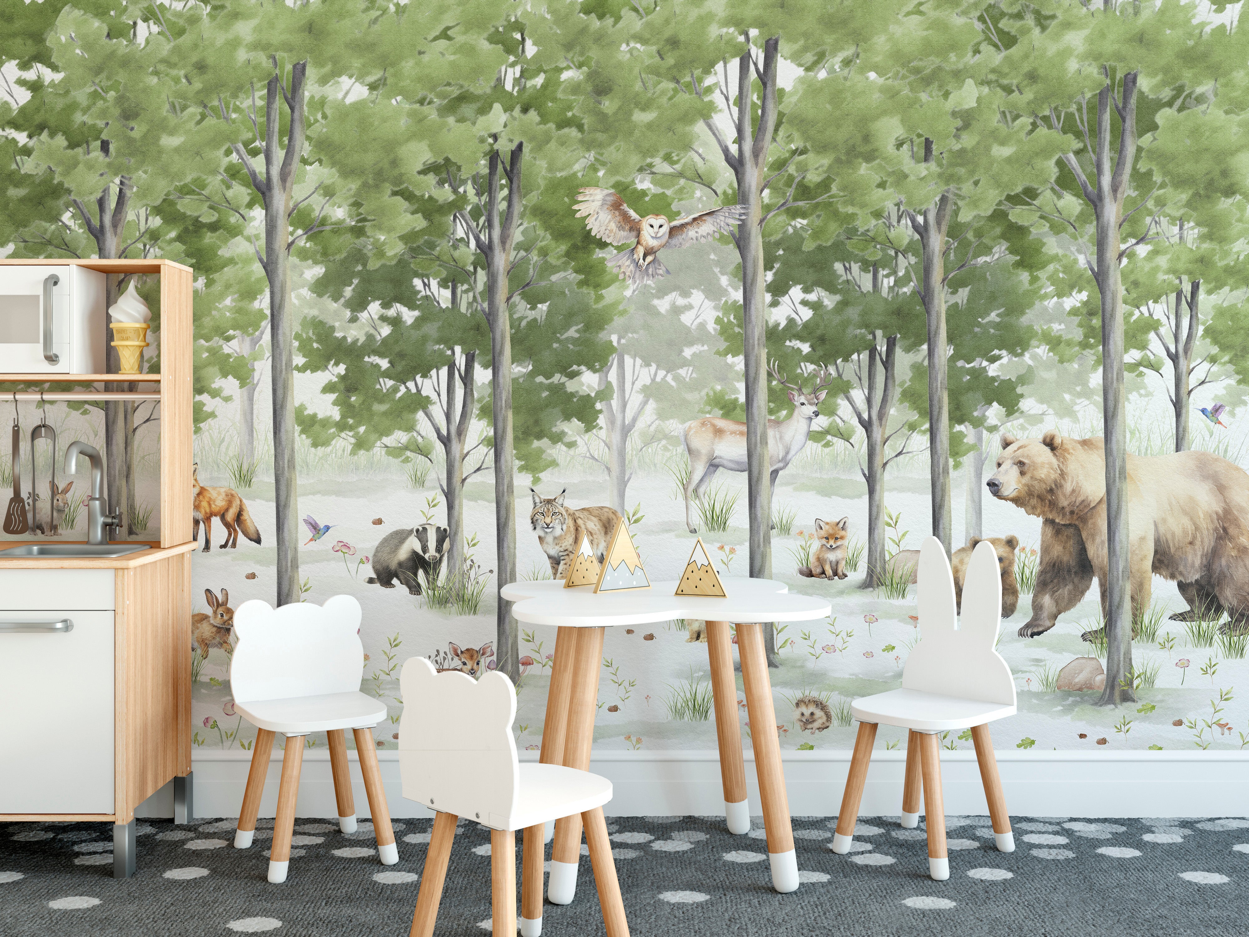 Forest mural with animals under peaceful trees