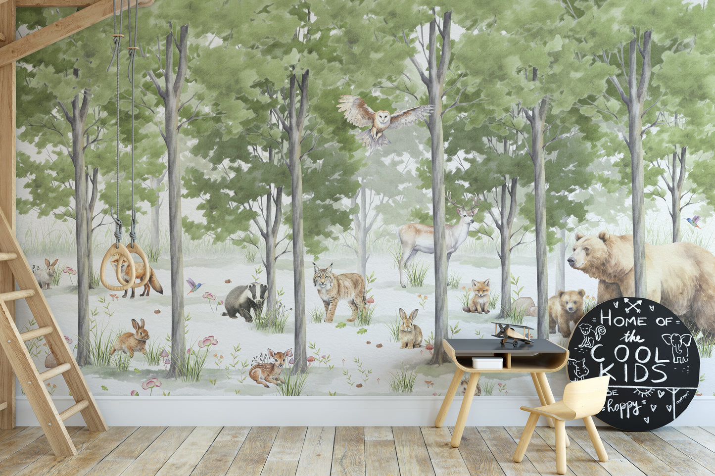 Forest scene with animals and lush greenery