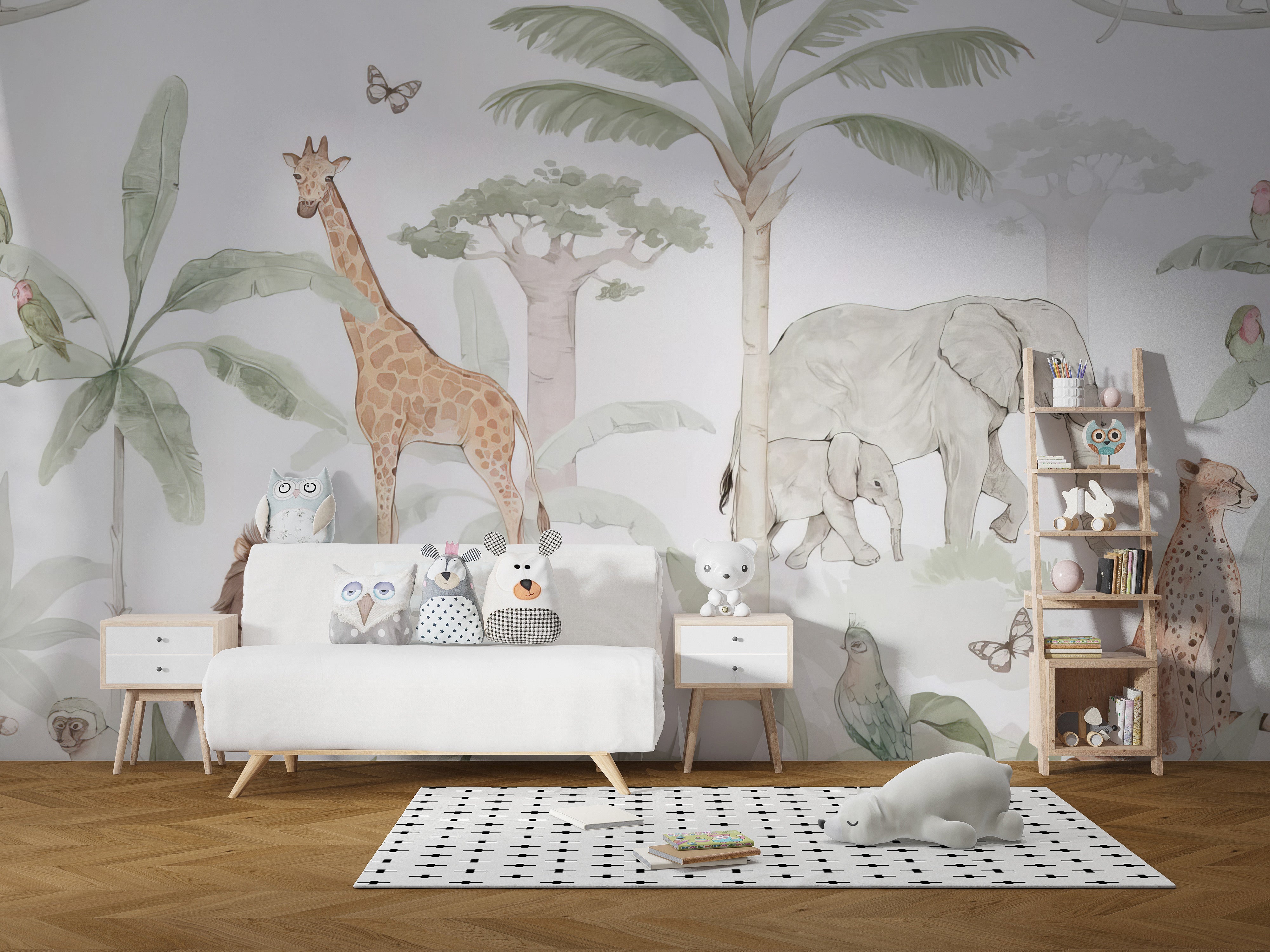 Nature-themed mural featuring jungle wildlife
