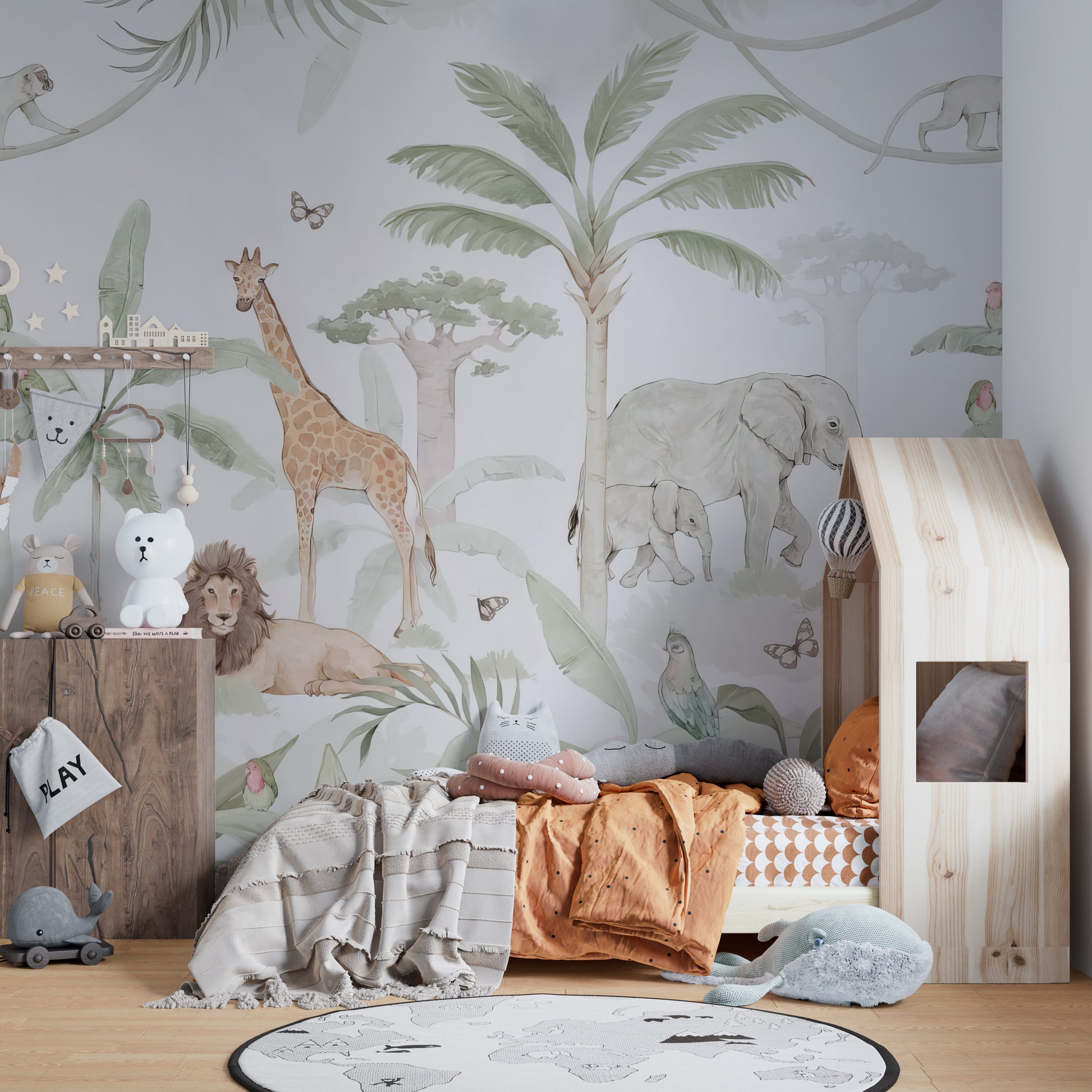 Giraffe and elephant in lush forest mural
