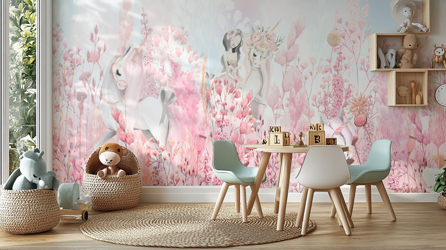 Enchanting unicorns in floral mural
