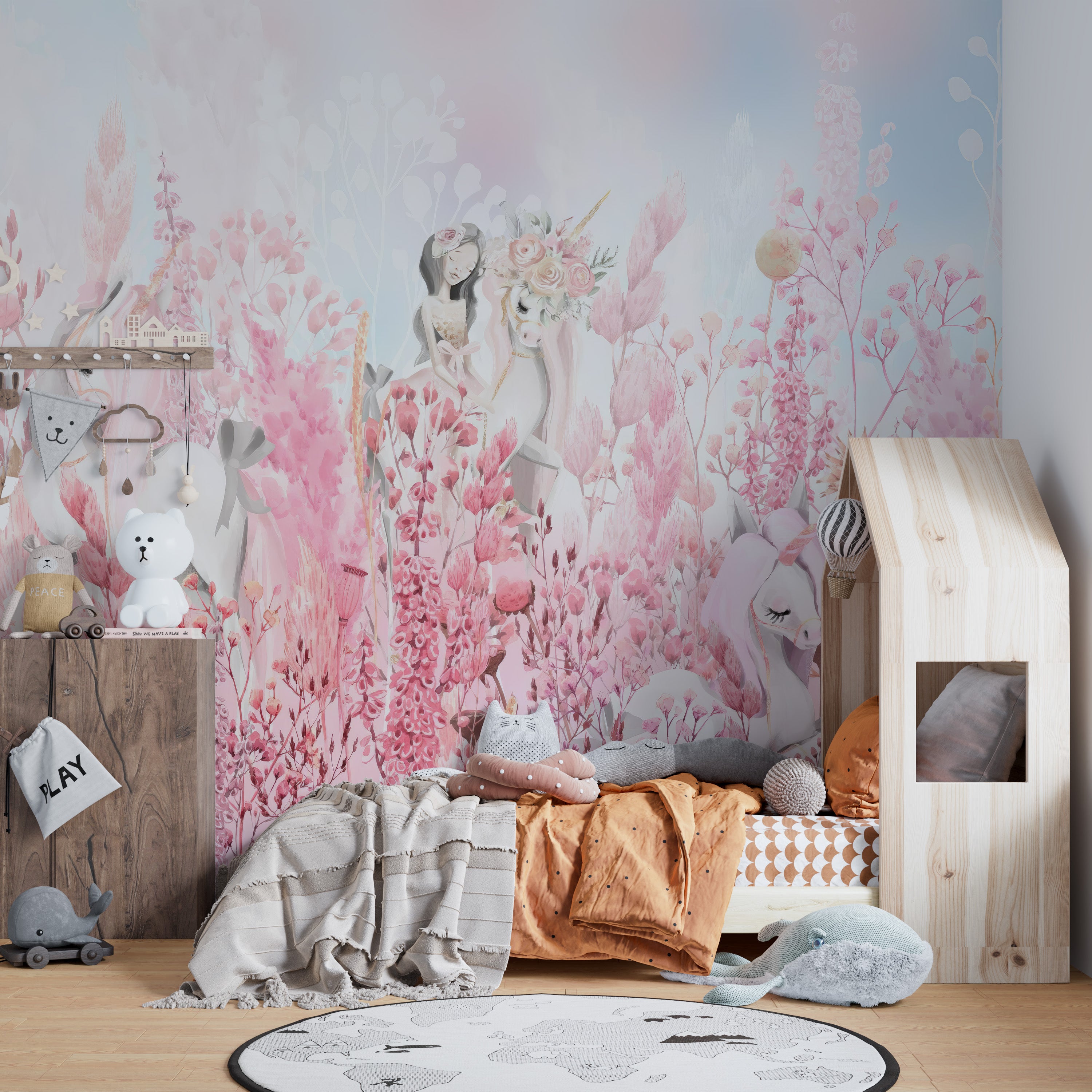 Fairy-tale unicorn mural with flowers
