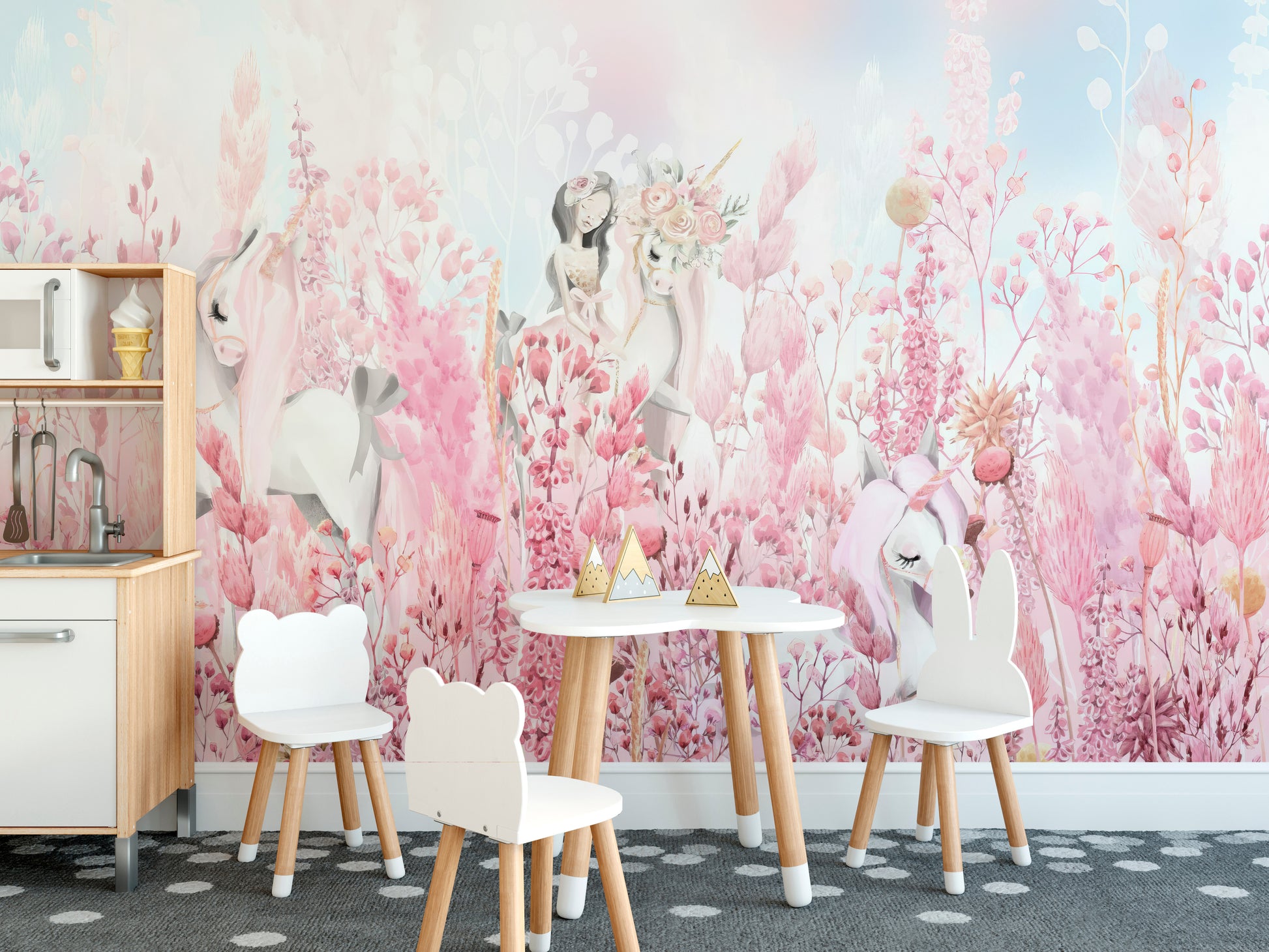 Pink forest wonderland unicorn mural
