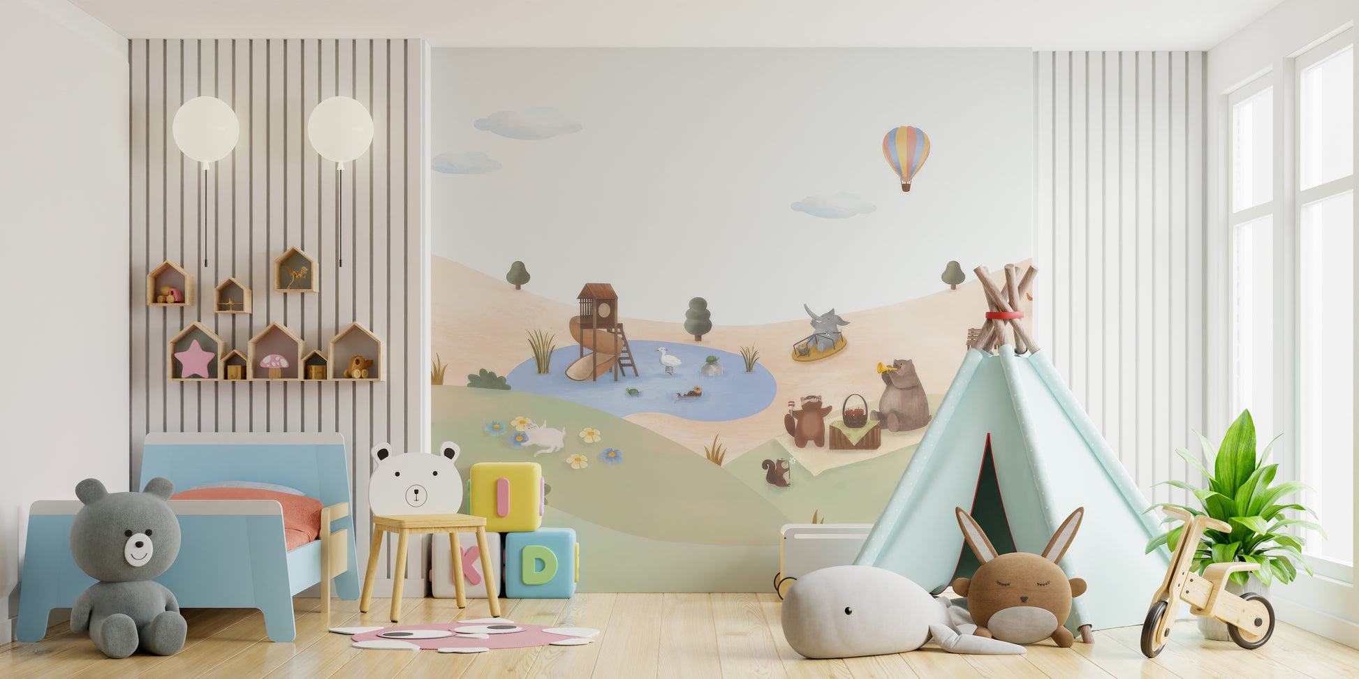 Cheerful animals in park mural design
